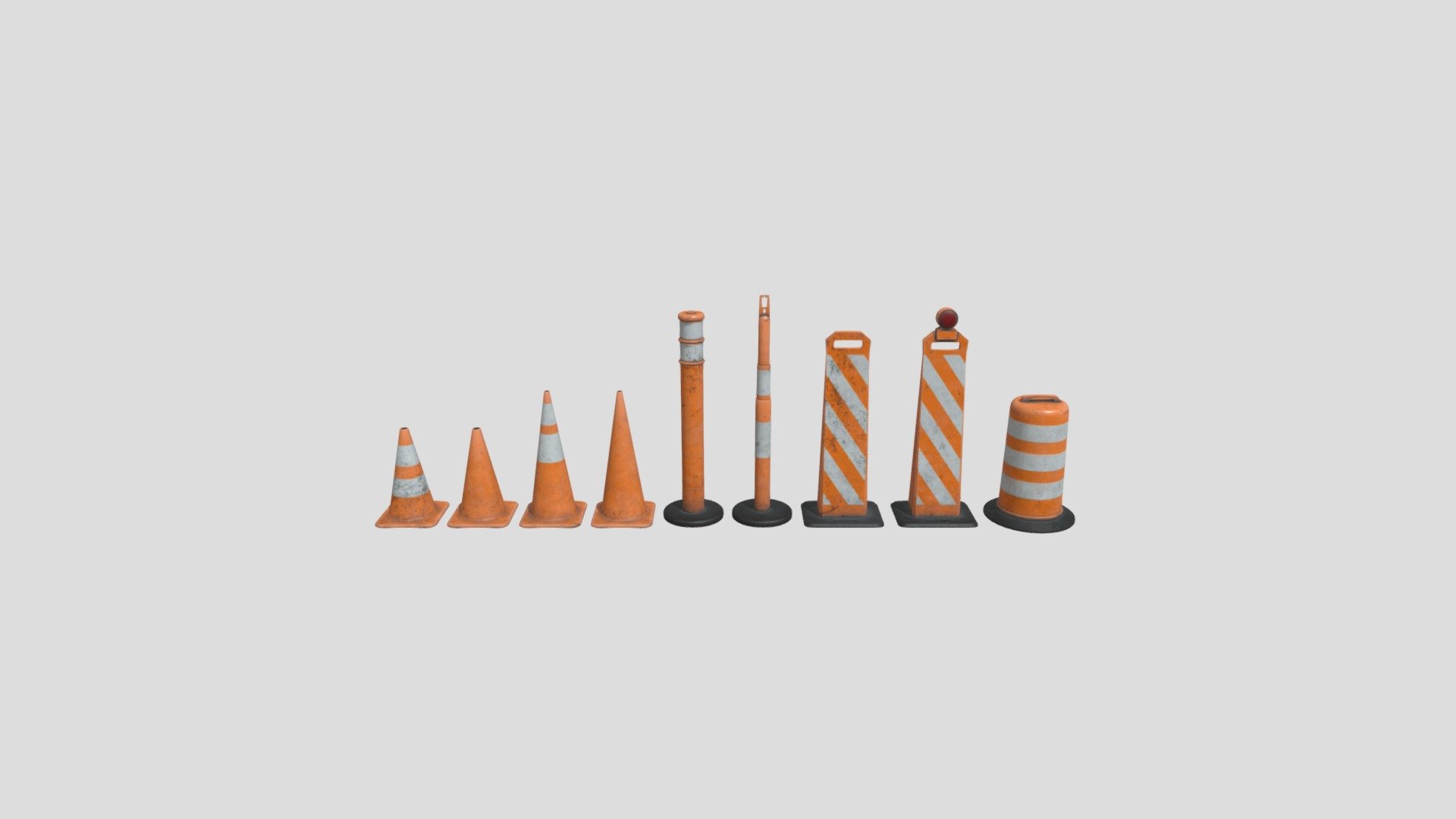 This Traffic Cone kit contains the following:

4 Small Cones
2 Tall Skinny Cones
2 Tall Square Cones
1 Large Cones
-Small cone 4k Textures -Large cone 4k Textures

The following models are UV unwrapped with according vertex colors for future texturing if that interests you.