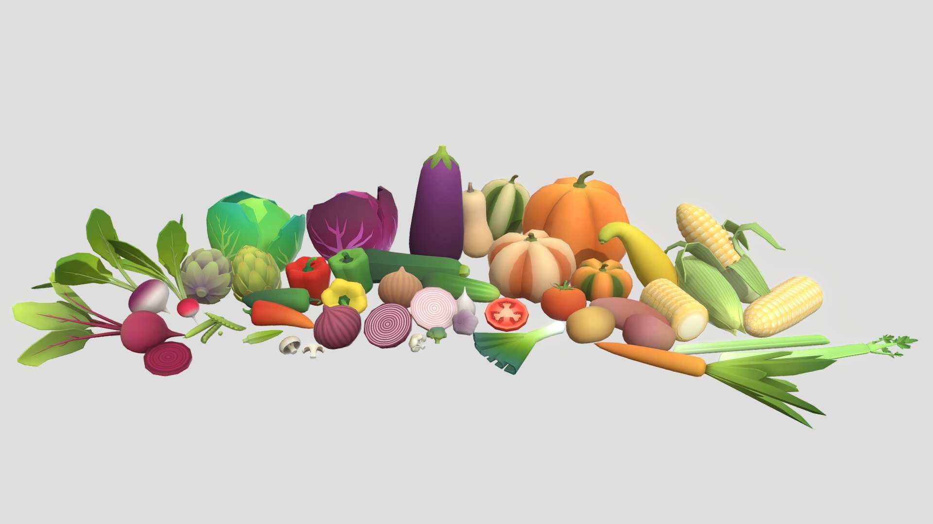 This is a stylized collection of vegetables (and some fruit) that can be used in anything from low-poly mobile games to graphic design. Models range from 200 tris/100 faces to the largest model being 3000 tris/1500 faces. Model scale is in centimeters. Texture is a single 1024 x 1024 palette map that all models share, available in PNG, JPEG, and Targa.

This pack contains:

28 Vegetables:




Artichoke (green/purple)

Beet

Bell Pepper (red/yellow/green)

Broccoli

Butternut Squash

Cabbage (green/red)

Carrot

Cauliflower

Celery

Corn

Crookneck Squash

Cucumber

Eggplant

Fresno Pepper

Garlic (white/purple)

Jalapeno Pepper

Leek

Mushroom

Okra

Onion (yellow/red)

Pea

Potato (brown/purple)

Pumpkin (orange/striped)

Radish

Sweet Potato

Tomato

Turnip

Zucchini

50 Meshs:




38 Whole Vegetables

3 Halves

3 Slices

6 Other

1 Texture map