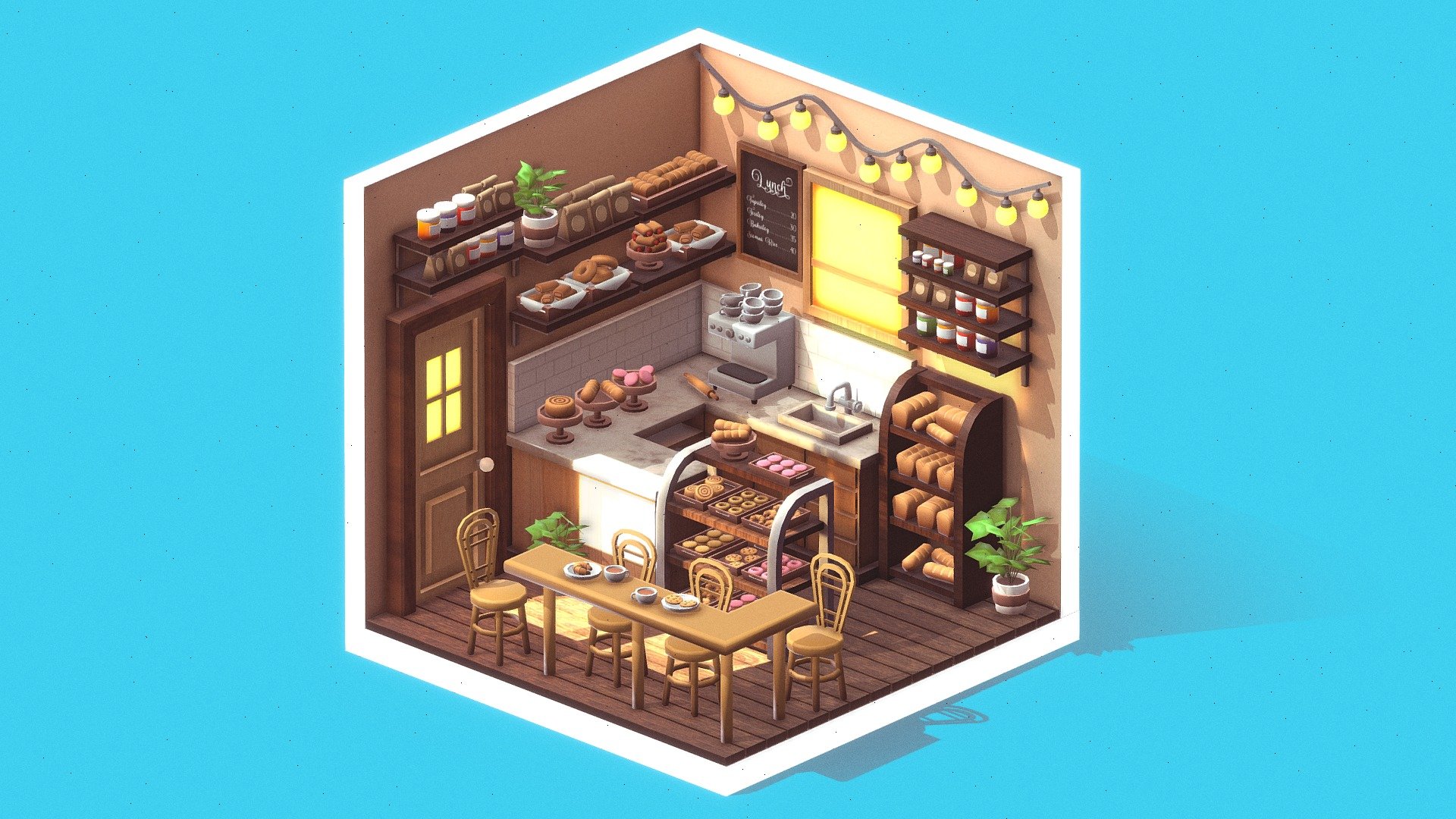 Isometric Cafe 
modeled and textured in blender. Feel free to use it in anyway you like. If you love this model you can give it a like or comment or maybe a follow? let's be friends ^_^, you can also visit my profile for more free stuff or if you want to support me you can buy some of my paid asset. I hope you have a great day.