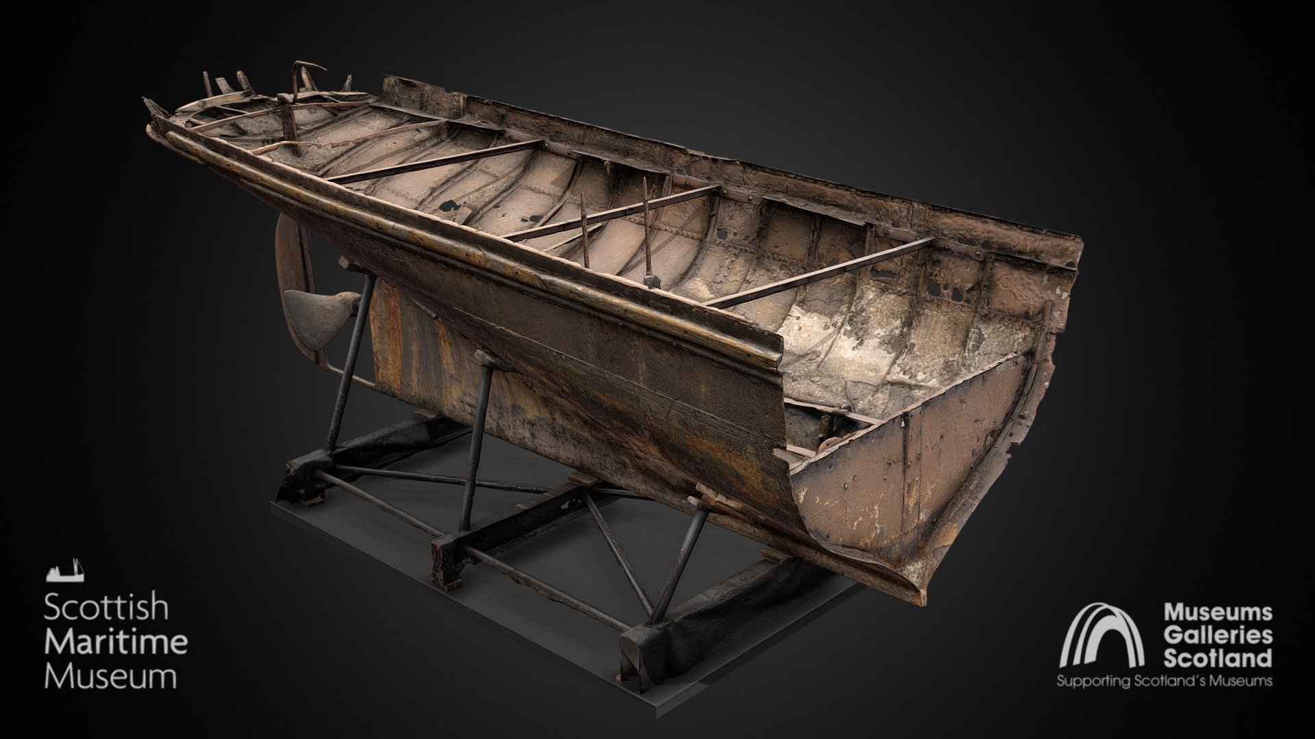 This is all that remains of SS Rifle, one of the earliest surviving examples of a small pre-fabricated screw steamer in the British Isles. Rifle was purchased by the Locheil Estate in the 1860s for use on Loch Arkaig, ferrying goods, passengers and mail between the isolated dwellings around the loch. 

As well as being a practical vessel, Rifle was also used for pleasure, often carrying shooting parties. 

The boat was laid-up in the 1930s, and whilst being scrapped, sank and lay buried until removed by the army after becoming a hazard to wartime vessels working from the pier. Rifle was blasted away from the pier, losing the bow in the process. 

Despite being submerged for over half a century, it was raised in 1990. Although in a very fragile condition, Rifle's propeller is a well-preserved example of an early design. 

The model was created as a part of ‘Scanning The Horizon’ 3D digitisation project.

We would like to thank RPS Europe their help during this project.