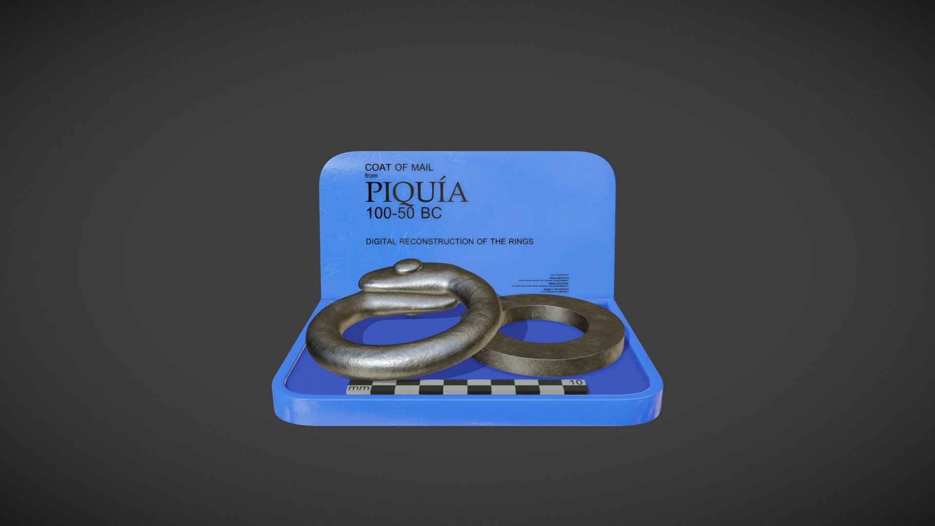 The 3D model presents a digital reconstruction of solid and riveted rings of archaeological mail armour. To create 3D models of the rings, we used polygonal modelling functions of Blender software. In order to record the relevant measurements of the mail rings, we used a list of parameters. This list includes 11 parameters for a riveted ring and four parameters for a solid ring. The accuracy of the digital replicas of the rings was 0.01 mm. The authors of the reconstructions are 

Aleksei Moskvin (Saint Petersburg State University of Industrial Technologies and Design) 
https://independent.academia.edu/AlekseiMoskvin

Mariia Moskvina (Saint Petersburg State University of Industrial Technologies and Design) https://independent.academia.edu/MariiaMoskvina

and Martijn A. Wijnhoven (VU University Amsterdam) 
https://vu-nl.academia.edu/MartijnAWijnhoven 

DOI: https://doi.org/10.13140/RG.2.2.30749.44005