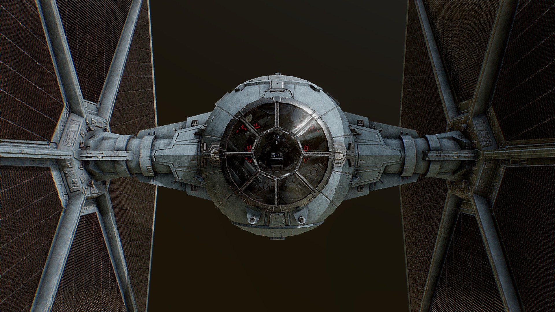 An update of my old low poly TIE fighter model, with windows cut in and a low poly interior, complete with pilot, added- adds a ton of depth and realism. None of it is meant to hold up in closeups, but it looks great from afar. The whole thing is ~5.5k tris, so if you want a hangar full or a fleet of them, it won't slow down your scene. Perfect for all your imperial needs!

PBR textures made in Substance Painter. The exterior is 2k, the interior is 1k, the pilot is 512x512.

Cutting in the windows a couple years after the outside model was done made for some very messy topology around them, but the overall ship is still low poly enough, and no one will notice. The glass is also currently single-sided, just to be more performant than trying to have glass with thickness and refraction. If you are using them as distant background models you can also make the glass opaque and delete the interior for more savings.