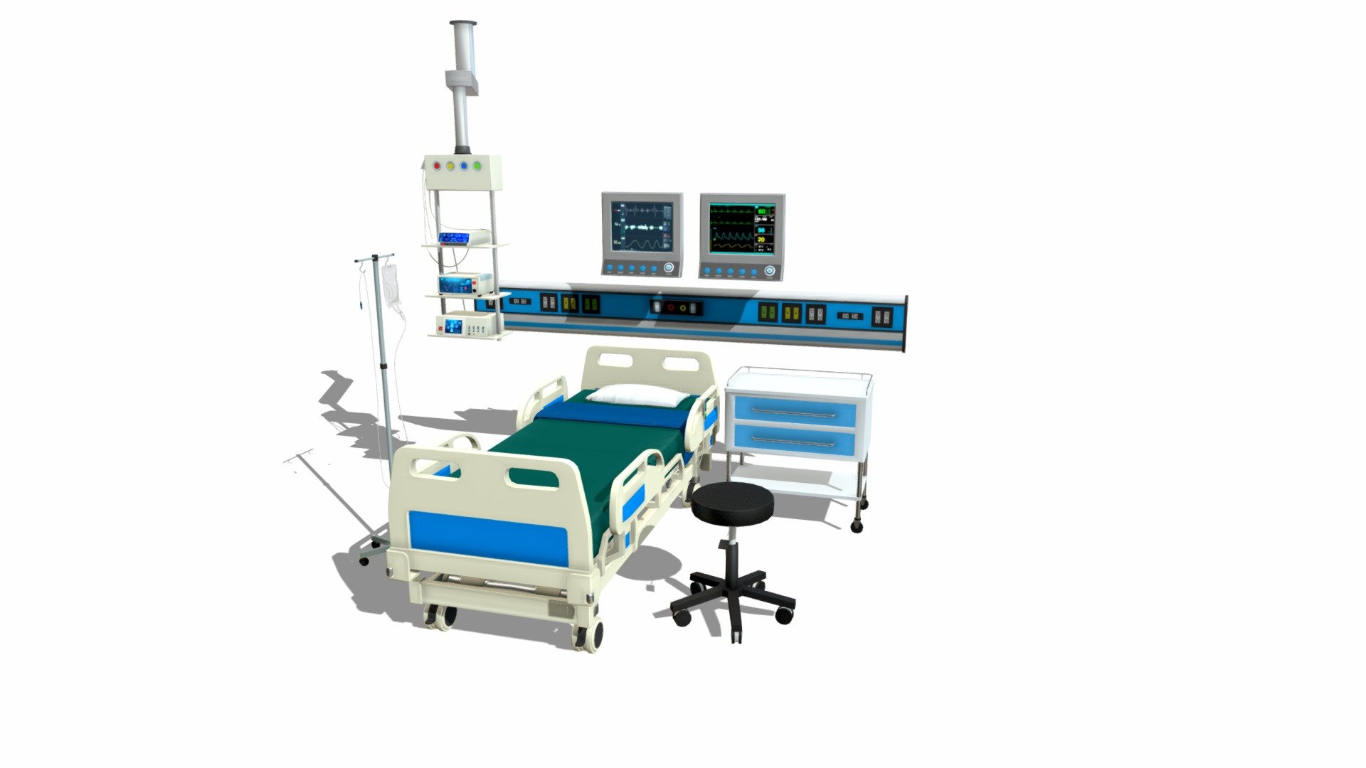 A detailed set of ICU equipment models, which includes a Trolly Table, Modutec Power Maquet, ECG Machine, a medical bed, and an IV stand. 

All of the models are fully unwrapped and feature clean geometry, consisting mostly of quads with no N-gons, coplanar faces, or coincident or isolated vertices. 

Additionally, the textures are high quality with a size of 2048x2048 pixels, and PBR textures are available for both specular/gloss and metallic workflows. 

If you require the product in a different format, our support team is available to assist with a free conversion. 

Lastly, the model uses real-world scale, where 1 unit equals 1 cm.