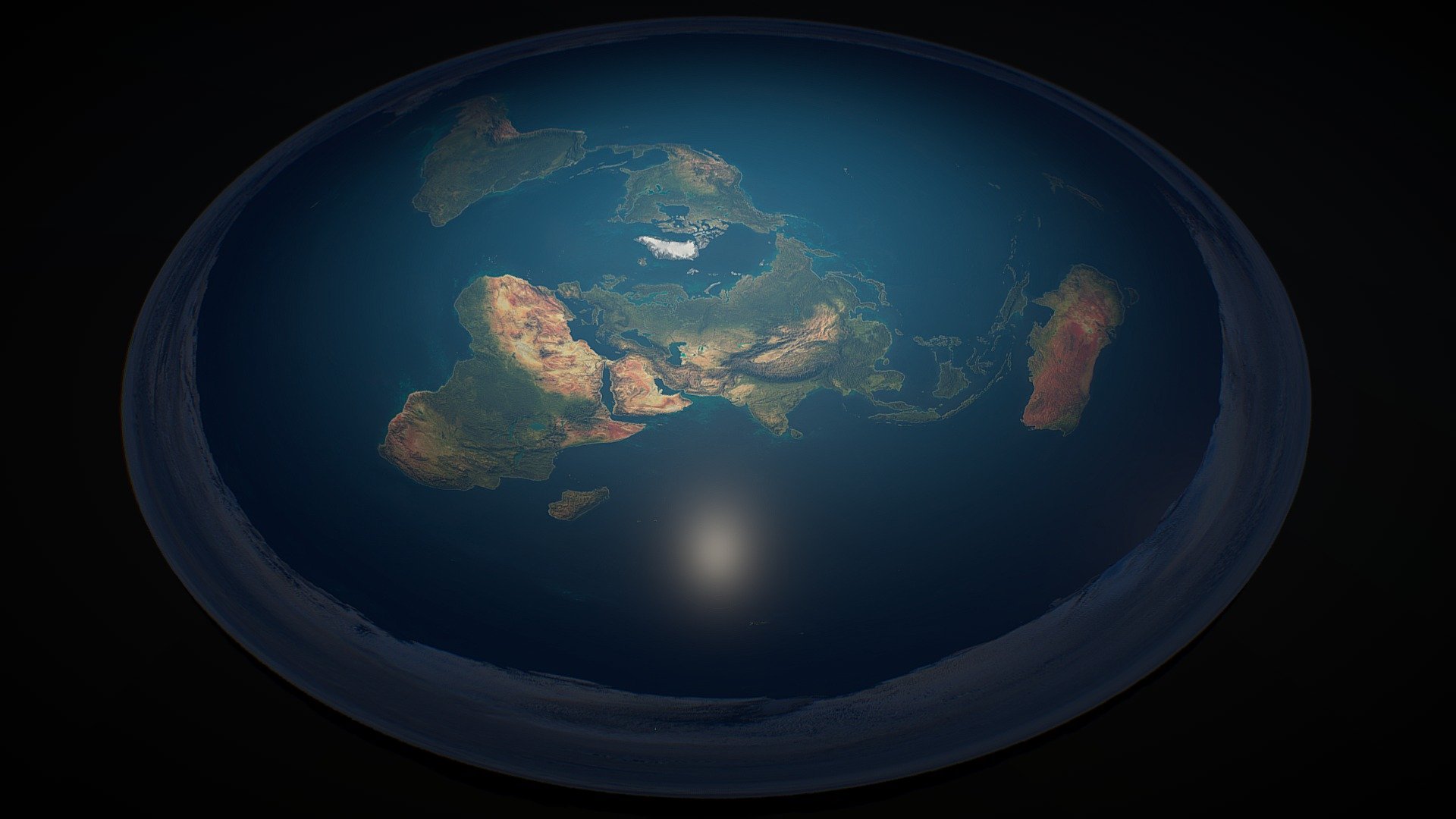 A 3d map of the Earth as a flat disc shape, based on the pseudoscientific Flat Earth model.