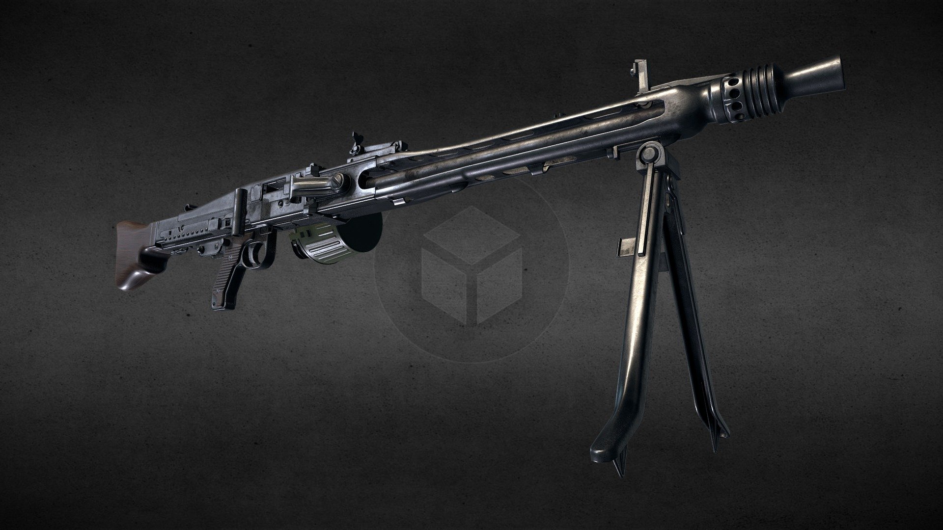 A lowpoly PBR MG42. The model is split into separate parts with proper hierarchy, ready to be rigged and animated. Both Metallic/Roughness and Specular/Glossiness texture sets are provided in 4k for the gun, and 2k for the drum magazine.

Full model and high res textures are in the additional files archive.

Model parts:

Frame,

Barrel,

Cover,

Trigger,

Hammer,

Safety,

Sight,

Sight Muzzle,

Sight Adjustment,

Bipod Base,

Bipod Left,

Bipod Right,

Barrle Change Flap,

Barrle Change Latch,

Dust Cover,

Drum,

Drum Top,

Drum Cover,

Drum Handle,

Drum Lock

Following textures are provided:

Ambient Occlusion,

Base Color,

Diffuse,

Glossiness,

Metallic,

Metallic/Roughness (Unity),

Normal (OpenGL),

Normal (DirectX),

Roughness,

Specular