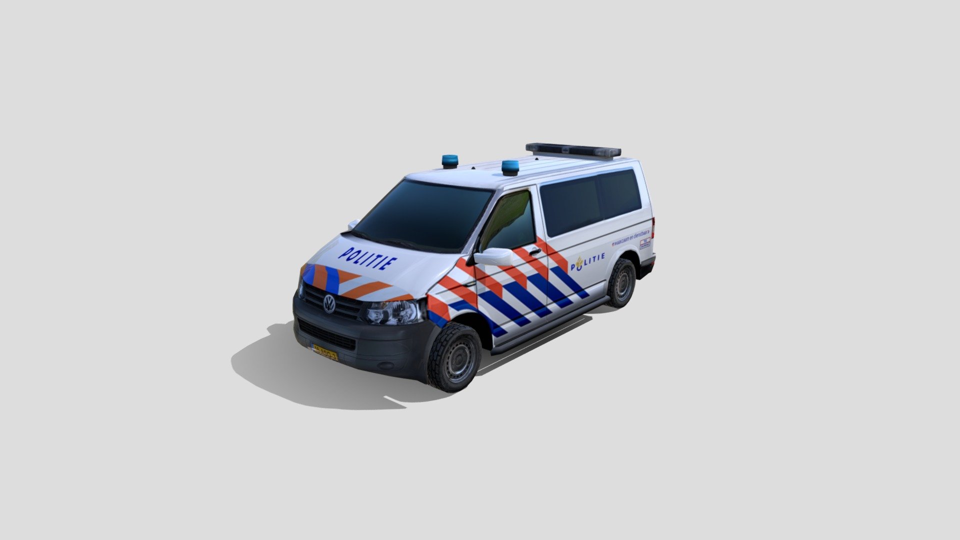ASG-ISR

VW  Transporter (Dutch Police Livery)
Synthetic Environment Entity for use in Simulation and Training for Intelligence, Surveillance and Reconnaissance (ISR). 
Separate wheels can be controlled in game.

Police Livery (plain white texture also available)
Low poly model
Accuratly modelled off plan and using photo reference
1 LOD
1 UV texture map 1024
no animation
no materials

3492 triangles
http://www.euramec.com