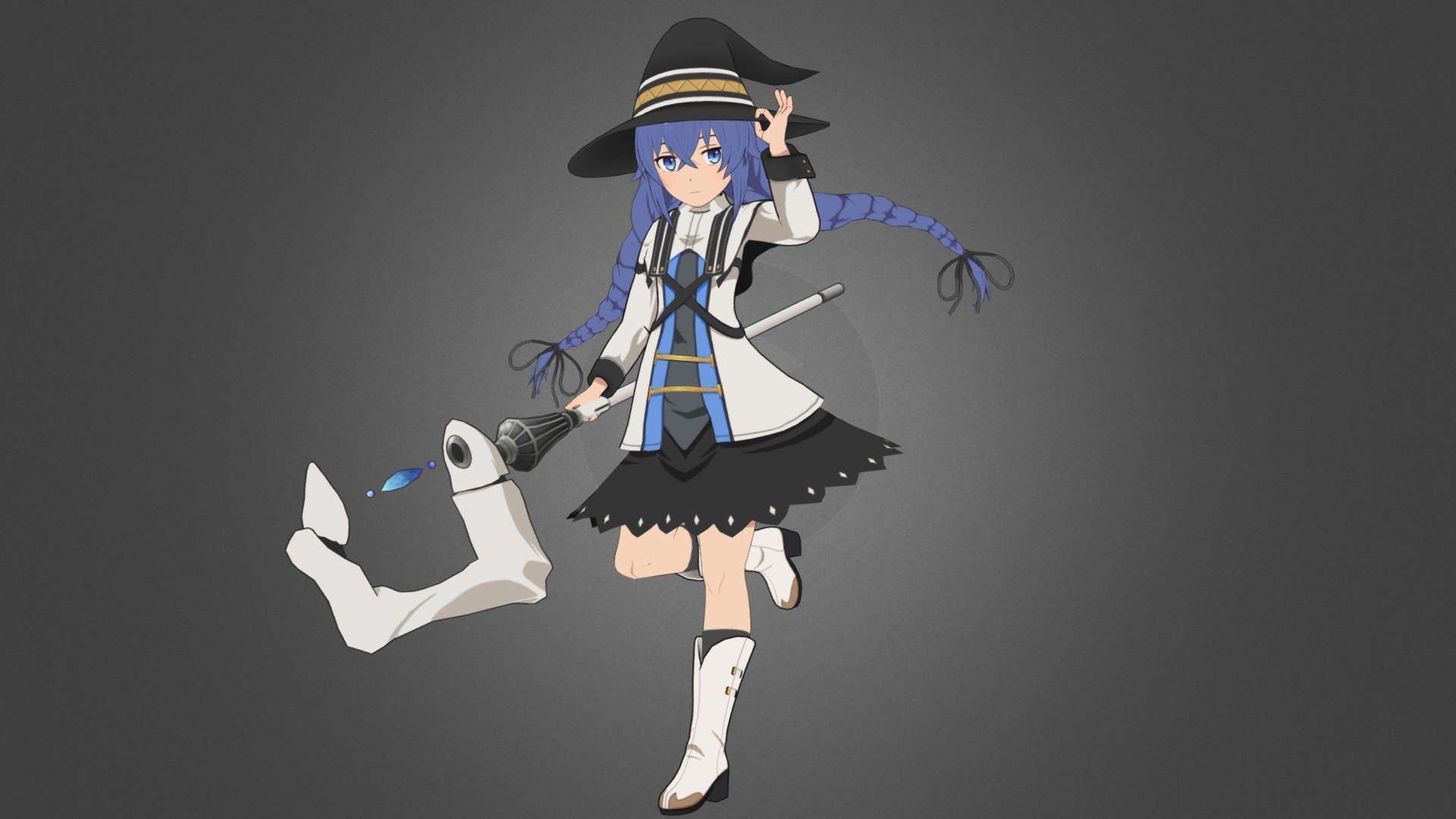 3D model of Roxy Migurdia from Mushoku Tensei. Modeled and rigged in blender 2.83 and textured using blender and photoshot.

Files: .Blend(with T-pose), FBX and unity package for vrchat

Model info:
Vertices: 22K
Tris: 42K
Lip-Sync
Eye-Tracking
4 Face expresion
Removable hat (toggle)
Removable Staff (toggle)
Performance Rank: Good

REQUIREMENTS:
Poiyomi’s Toon Shader

You should have all requirements imported into your unity project prior to importing the avatar package.

Terms of Service:
By purchasing you are agreeing to not redistribute or resell our work. You may edit it and upload it to yourself only. You cannot put any of our work or assets on avatar pedestals in VRC Worlds.

Edit: 1/24/2022 
Edit: 4/23/2022 ** added PhysBones 

If you find any inconvenience, do not hesitate to leave a comment or contact me to miguelkks@gmail.com
