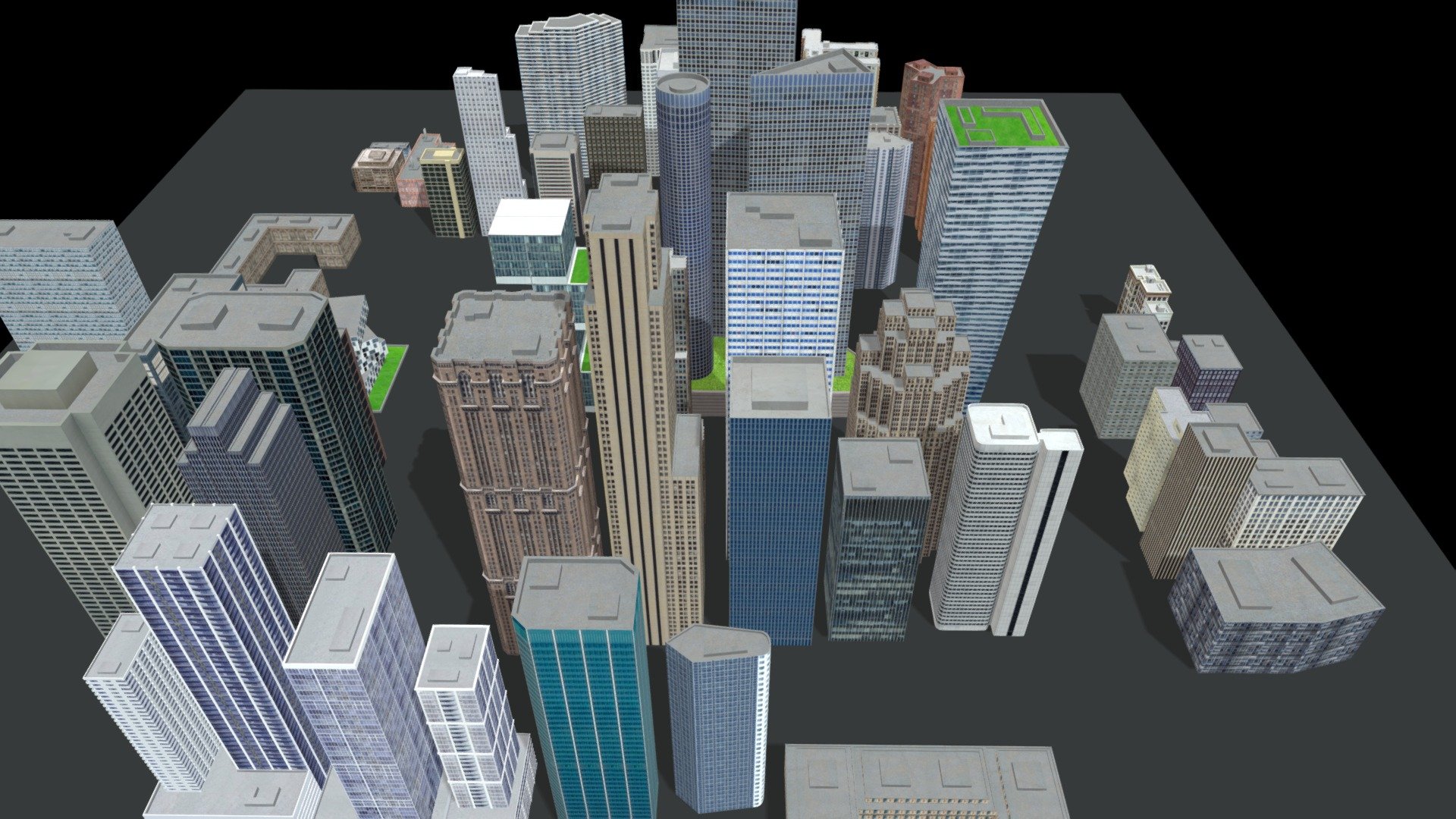 Low poly downtown city district consisting of 50 unique models, suitable for game engines, renders, and animations. Each of the 50 models includes a 2048x2048px or 1024x1024px texture. Buildings include office, residential, heritage, abandoned, and factory.
