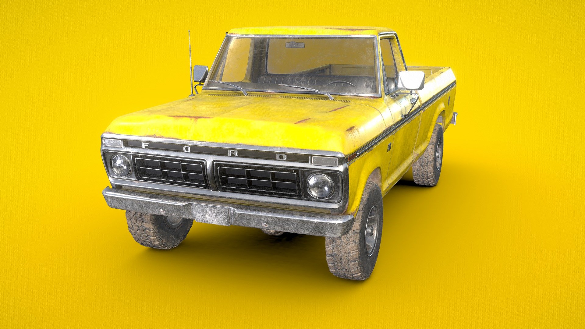 This is a classic American pickup truck made by Ford Motor Company in 1976. The model(64 202k tris) is a real world scale AAA game ready asset with realistic textures in a quite used state, the model is positioned on the center of the world with Z axis up and facing to X axis. This asset has modeled lights, full details interior and exterior, openable doors and a high detail under car with a functional suspension. Doors, wheels and steering wheel are separated objects with the pivot in the right position for an easier animation.

We will be happy to help you if you need any assistance with this asset. 
(Any future improvement or update of this asset will be included in this purchase)