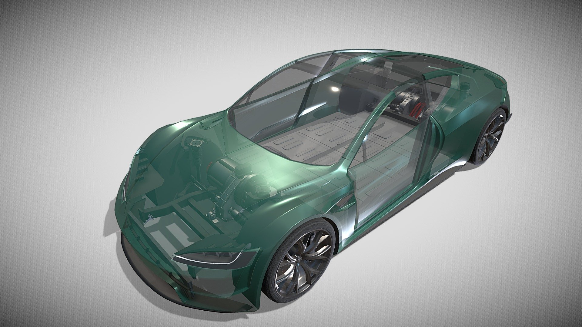Tesla Roadster with full chassis (battery pack, 3 motor setup, brakes, linkages, suspension, steering) 3d model rendered with Cycles in Blender, as per seen on attached images.

File formats:
-.blend, rendered with cycles, as seen in the images;
-.blend, rendered with cycles, with a see-through of the chassis, as seen in the images;
-.obj, with materials applied;
-.dae, with materials applied;
-.fbx, with material slots applied;
-.stl;

Files come named appropriately and split by file format.

3D Software:
The 3D model was originally created in to Blender 2.79 and rendered with Cycles.

Materials and textures:
The models have materials applied in all formats, and are ready to import and render.
The models come with no image textures as everything is material based.

Preview scenes:
The preview images are rendered in Blender using its built-in render engine &lsquo;Cycles'.