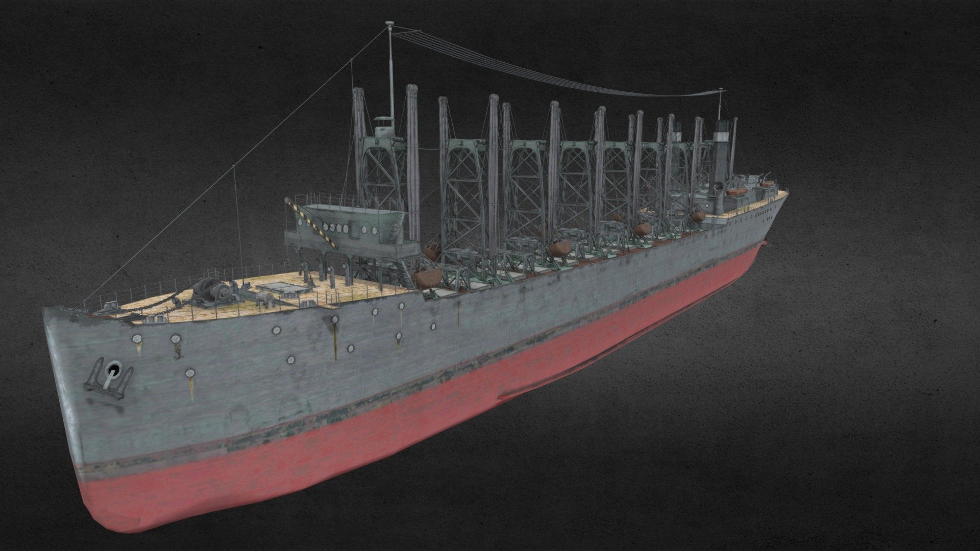 A 1920s american collier originally designed to transport coal and refuel other warships on the sea. Later rebuilt into a first US aircraft carrier know under a name of USS Langley. For those who want to learn more: https://en.wikipedia.org/wiki/USS_Langley_(CV-1) . 

All textures are 4k including diffuse, metallic, roughness and normal. Full size textures can be found under additional files.