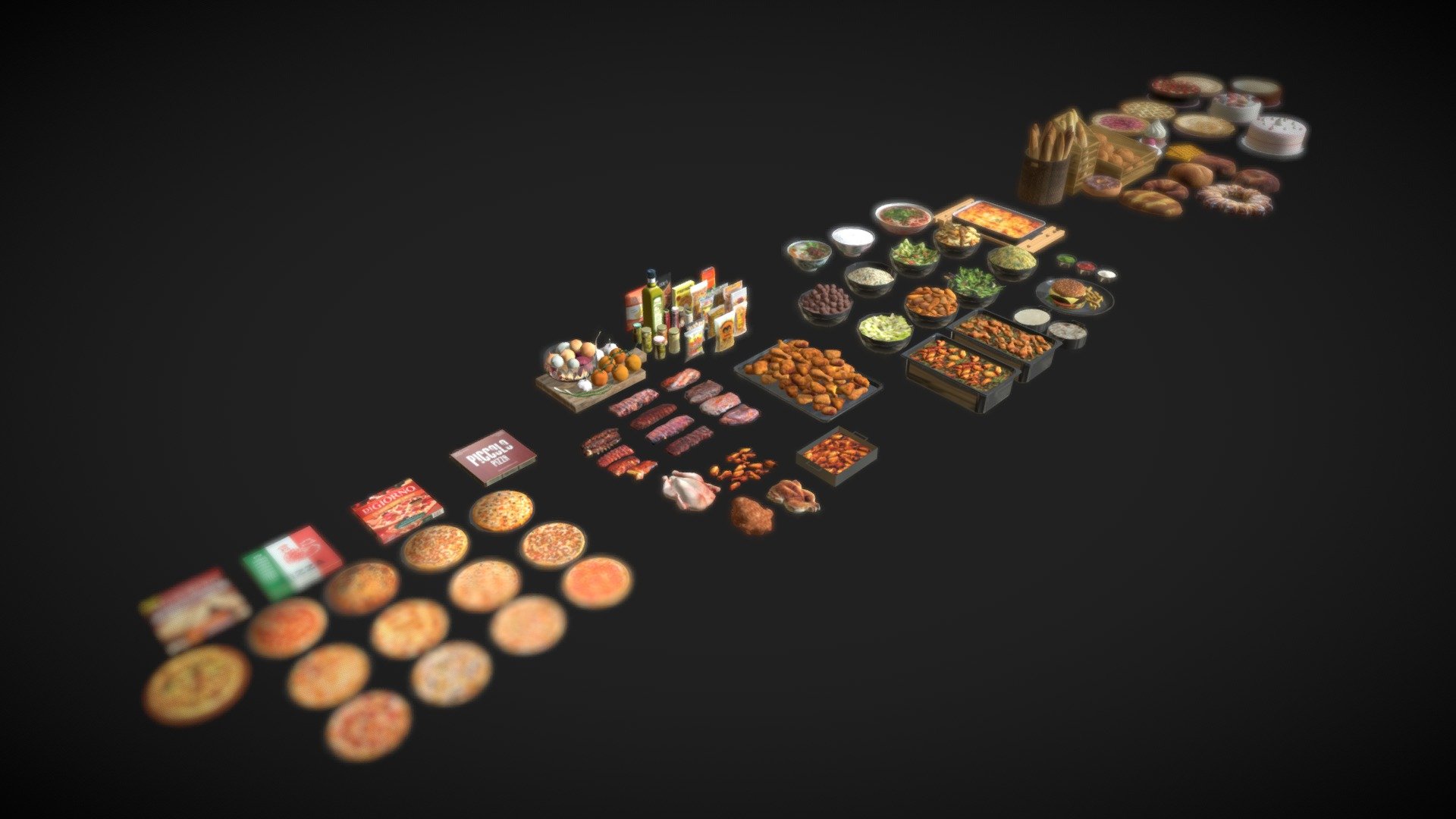 Hello everyone🖐, this pack of models was created in Blender . All models are low-poly😊, but based on real textures. You can use them for video games or simply for scene decoration, etc.

There are different categories of food in this file (100 in total):

-pizza
-meat
-bread and cakes
-foods, soup&hellip;

If you have any questions or comments, please don't hesitate to let me know. Other packs will be available soon 😋.
