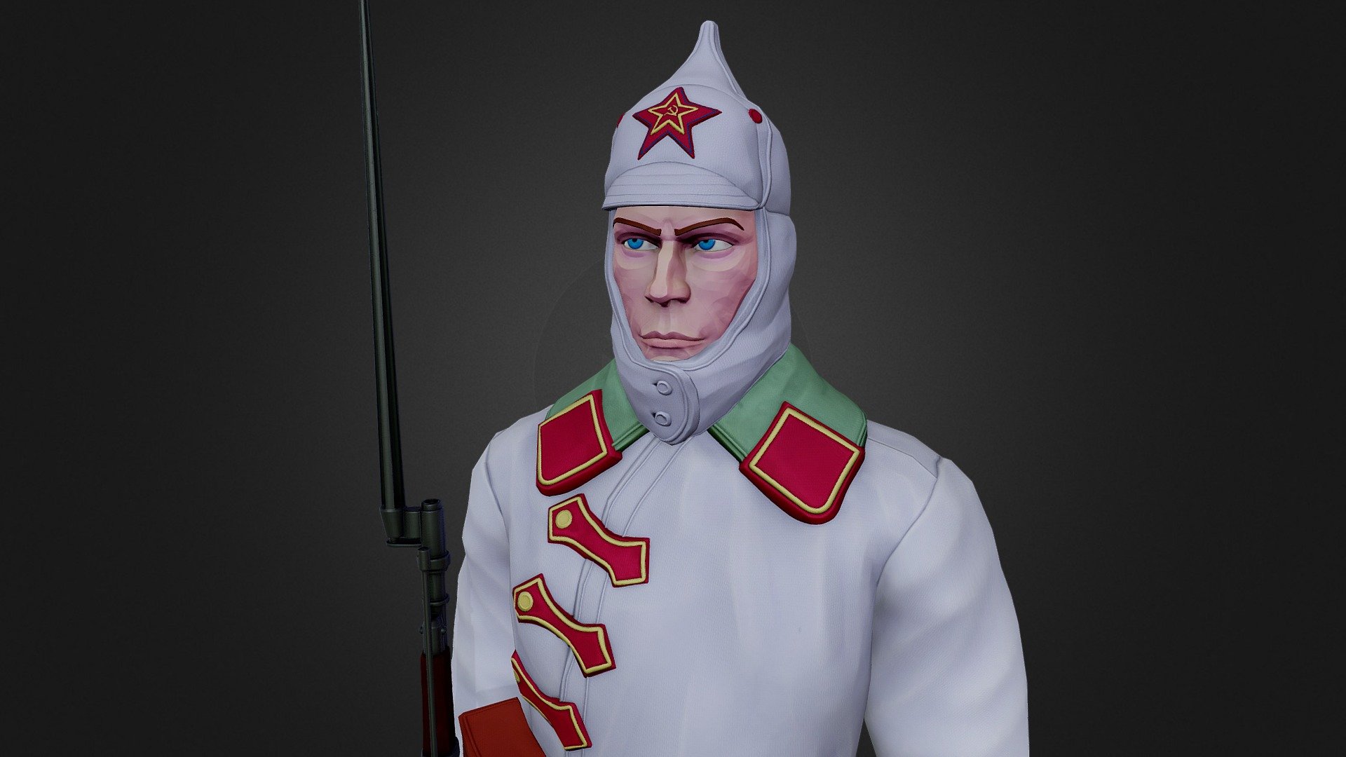 My new 3D model, this time I decided to make a guy like this. For those who don’t know, he wears a “Budenovka” cloth helmet on his head. The man is armed with a Mosin rifle. Soviet soldier in winter uniform of the Red Army 1920. The 3D model was made in the 3D blender program, has rigging and skinning. Big_Black_Anaconda art.