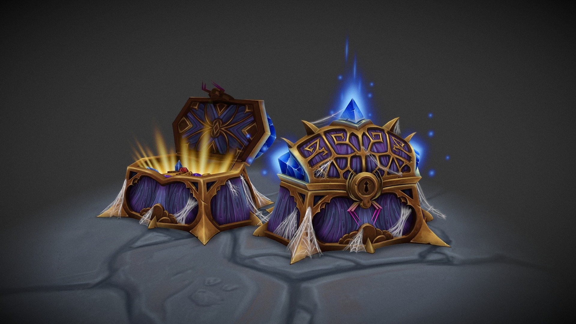 Warcraft style treasure chest using the Nerubians (humanoid spider race)  as a guide. All textures are handpainted diffuse. 1024 for the chest.