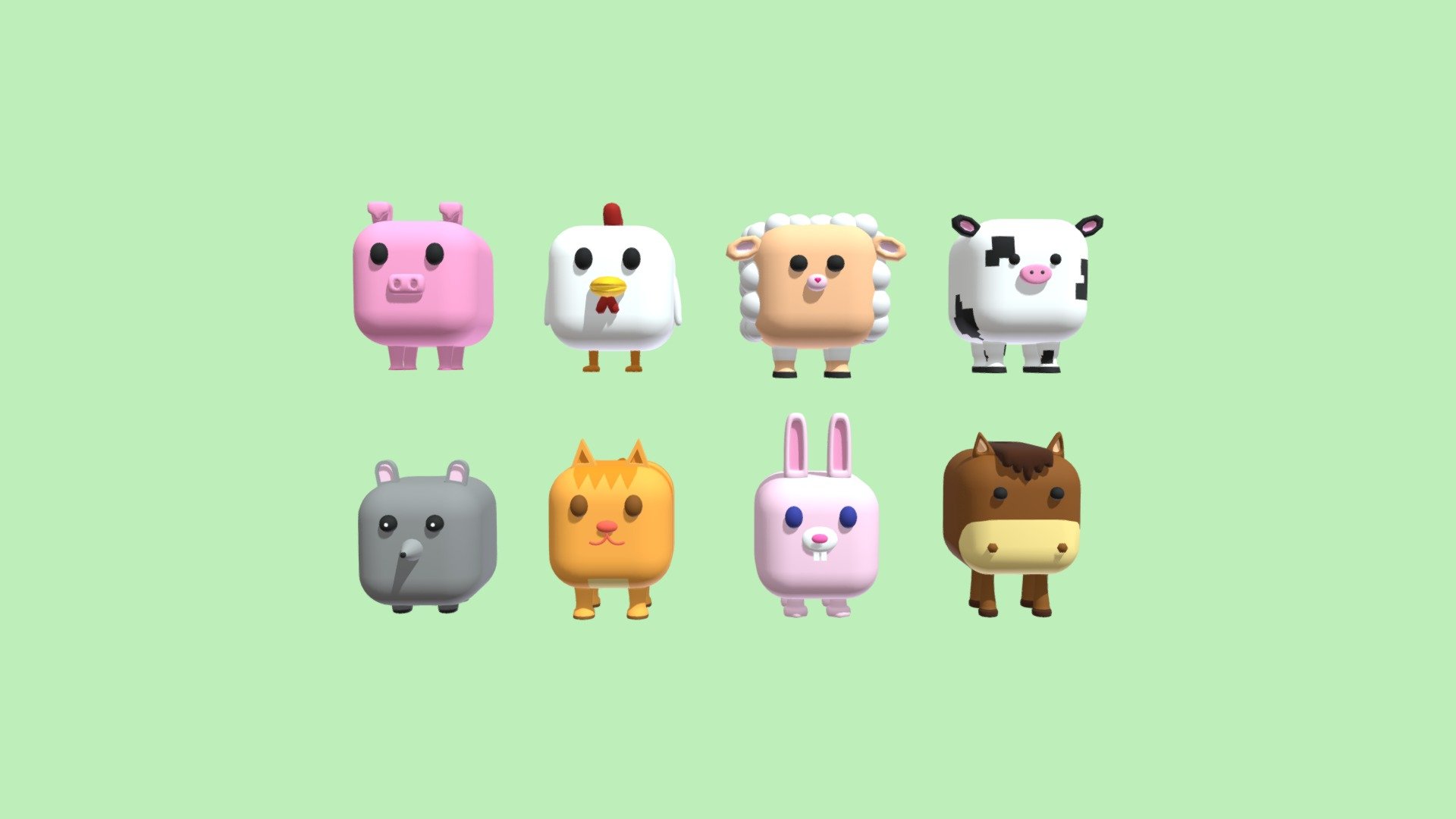 Hello! Cube Animals designed with Blender version 3.2.1. It can be used in games. You can create your own farm. From the left side; ;Pig, Chicken, Sheep, Cow, Mouse, Cat, Rabbit, Horse.