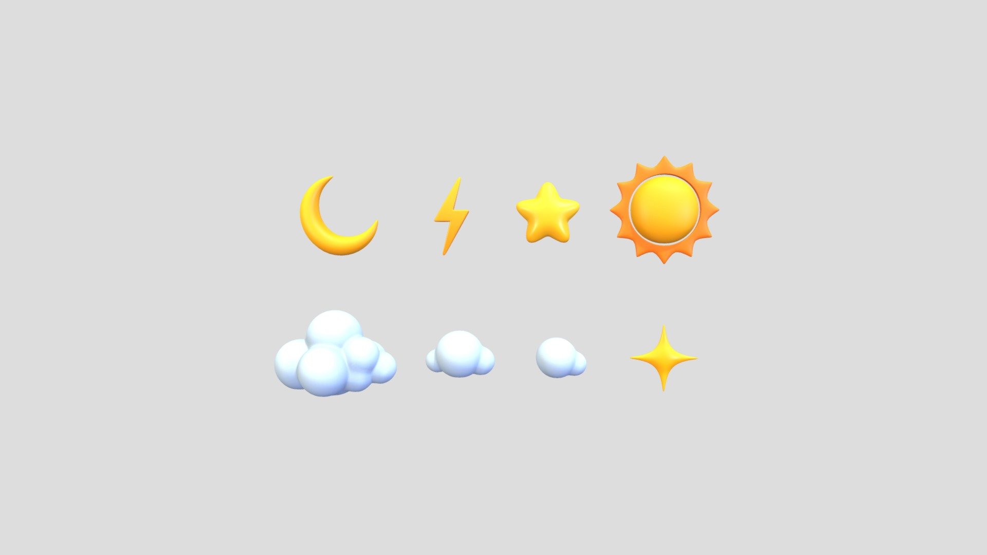 Sky Object 3d models collection.      
    


File Format      
 
- 3ds max 2023  
 
- FBX  
 
- GLB  
 
- OBJ  
    


Include 8 models  






Star [ 992 poly ]




Sun [ 1,040 poly ]




Sparkle [ 288 poly ]




Moon [ 200 poly ]




Lightning [ 544 poly ]




Cloud_A [ 772 poly ]




Cloud_B [ 328 poly ]




Cloud_C [ 222 poly ]
  




Clean topology    

No Rig                          

Non-overlapping unwrapped UVs        
 


PNG texture               

2048x2048                


- Base Color                        

- Roughness                         

