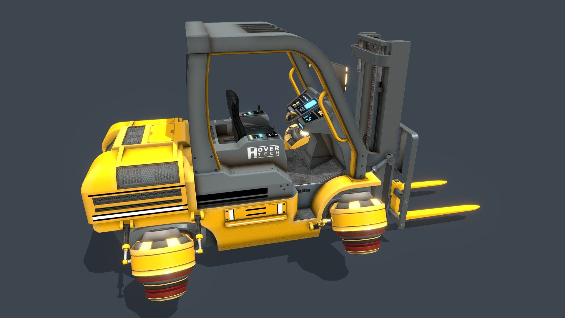 NOW ON FAB!   A site called deep3dsea is selling this model without permission, using my name and images/links from here.  For some reason they link this page, but also have a sell button on that page so I get no money....

Got to move those crates? Wheels and tracks not good enough for ya? Well then, Hover Tech introduces their Hover Forklift for all your crate moving needs!

Model is 3 unwraps.  Some emissives are seperate layers just for sketchfab but use the same unwrap.    4096 textures.  

Hydrolic sections will extend and are long enough to allow this. For anyone wishing to set this model up to be animated, or practice animation using this model.

This is my own design and based on no one else's. Apart from the fact the front was modelled from a forklift....  ©PhilGilbert 2019

DO NOT RESELL or claim it as your own. You can use it in a project if I am named.

Please make sure to download additional file in the download links for 2 versions of the model. Triangulated or Quads.