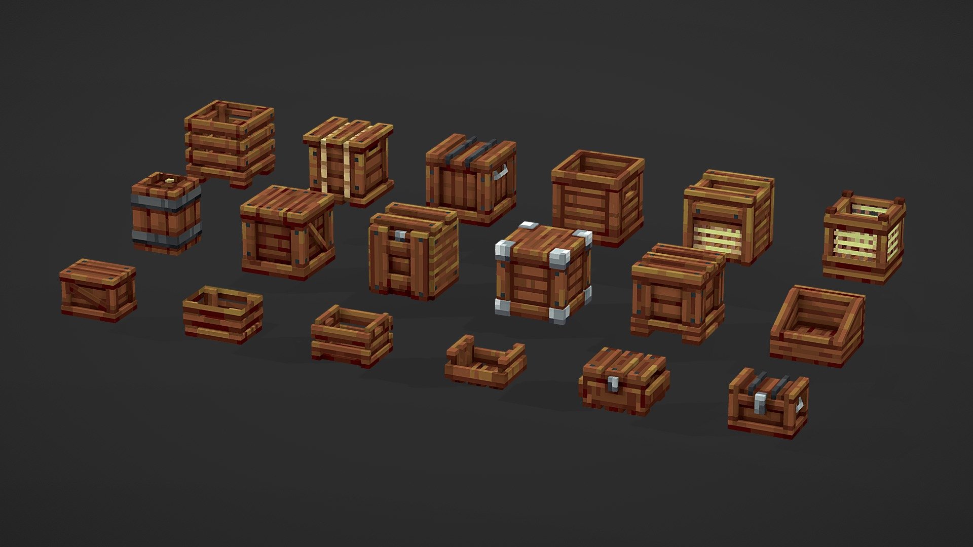 Pack with 18 lowpoly crates &amp; chests. Suitable for Minecraft or any other lowpoly pixel-style project! Easy to add in game using block wizard plugin from Blockbench!

Works with Minecraft Bedrock &amp; Java edition.

.bbmodel source project files also included!

Textures for each model is 64x64 pixels

Press 2 in 3D viewer to view base colors (1 to go back to rendered view)