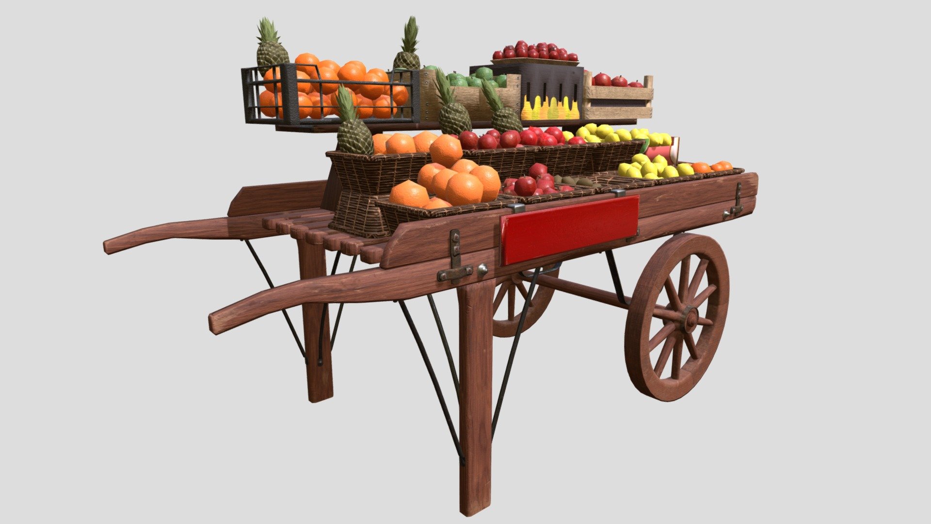 A Model of a fruit cart made for a Live Brief at the University of Hertfordshire in collaboration with Playground Games. The goal was to recreate the cart from selected reference images and keep the total poly count under 25k polys / 50k tris.

This model was created for games use and thus contains triangles in certain areas.