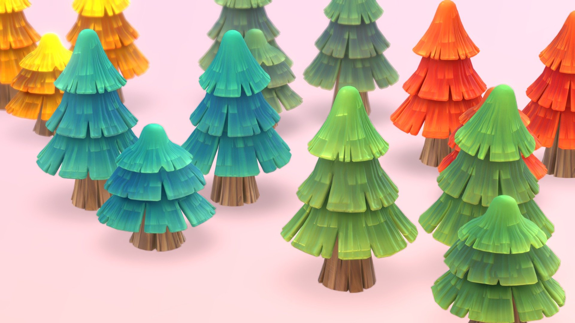 stylized  pine trees.

Bring the beauty of nature to your next project with this stylized colorful Trees Pack!
A pack of 15 cute stylized and toony Pine Tree models with PBR material. 
Also works unlit

In my store there are more texture variations of these trees, so that they fit well into your game. Check out my sale.
If you need more assets in this style. contact me.

**I also accept freelance jobs. Do not hesitate to write me. **

*-------------Terms of Use--------------

Commercial use of the assets  provided is permitted but cannot be included in an asset pack or sold at any sort of asset/resource marketplace.or shared for free*