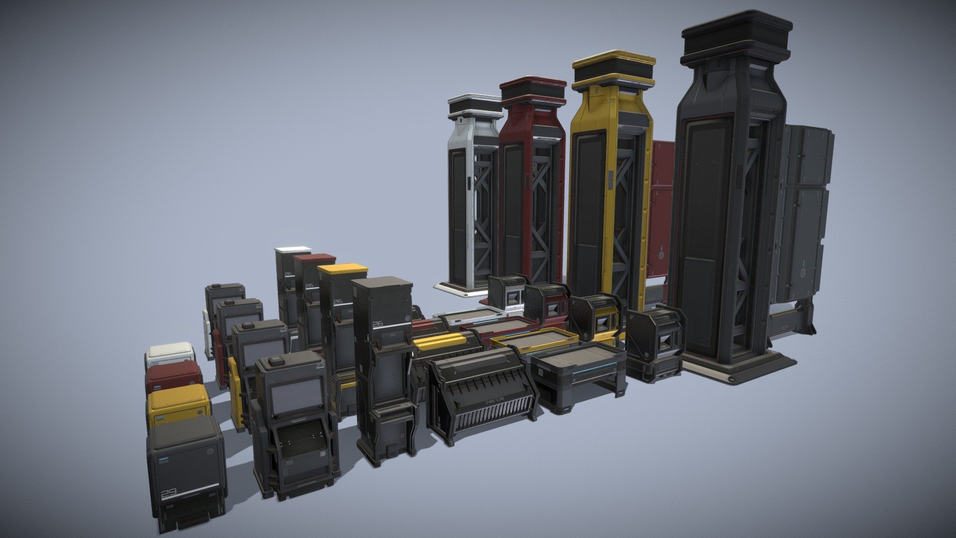 This is an environment props I made in blender using 2 main gun metal color trimsheet materials that are duplicated to red, yellow and white. And 1 material for the decals. If you turn on the visibility of the wireframes you'll be able to see and noticed that it's relatively low-poly and that most of the details are from the trimsheets. 

The lighting is a lot better in blender because I'm only allowed 3 lights here in sketchfab.