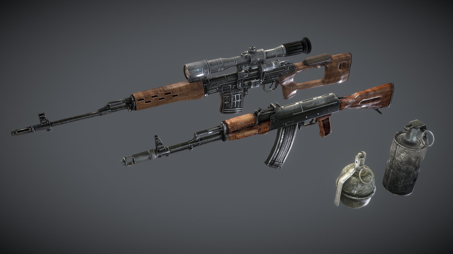 AK-47
SVD
RGD-5
FireGrenade

low-poly weapon pack