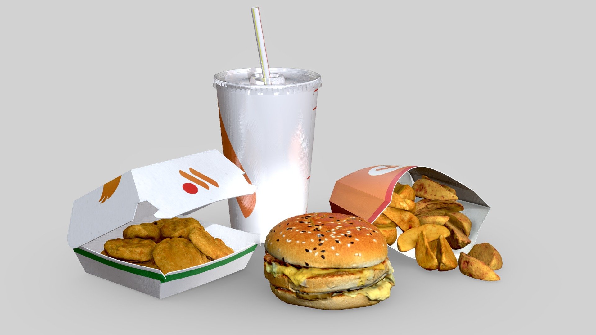 A selection of fast food from a well-known establishment.

Actual size.
Easy to edit. All items have UV mapping.
* PBR textures have 2K and 4K resolution.