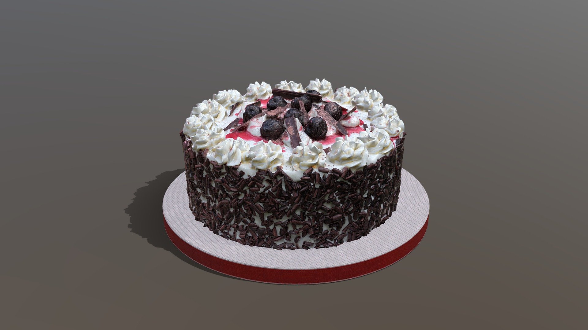 This iconic Black Forest Gateau model was created using photogrammetry which is made by CAKESBURG Premium Cake Shop in the UK. You can purchase real cake from this link: https://cakesburg.co.uk/products/black-forest-cake?_pos=3&amp;_sid=809787975&amp;_ss=r

Textures 4096*4096px PBR photoscan-based materials Base Color, Normal, Roughness, Specular)

Click here for the cut &amp; slice version.

Click here for a slice of cake model.