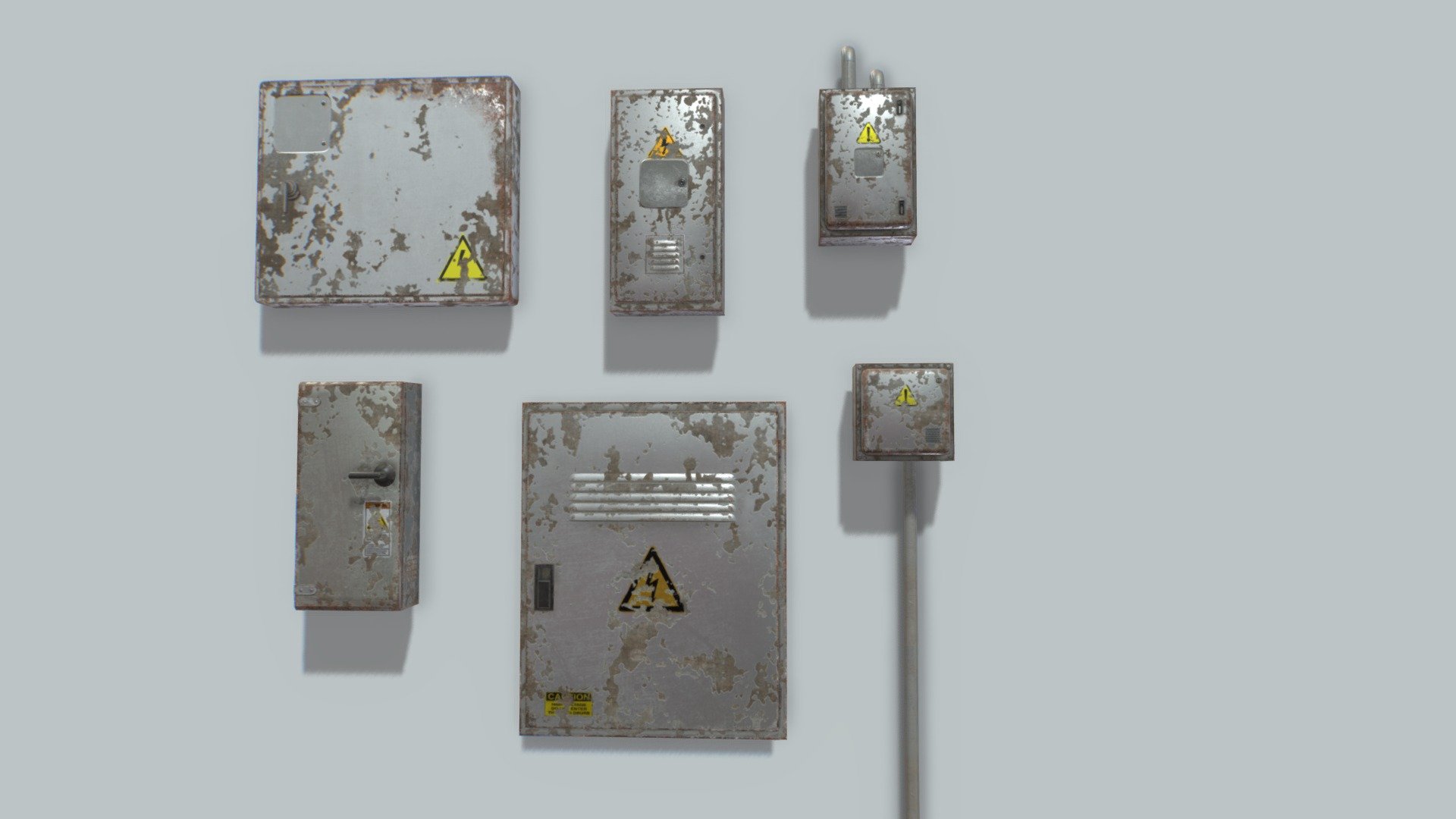 Pack of 6 old electrical boxes based in real ones. Real scale.

Comes with 4096x PBR textures including Albedo, Normal, Metalness, Roughness and AO.

Total verts 2200 polys 4000