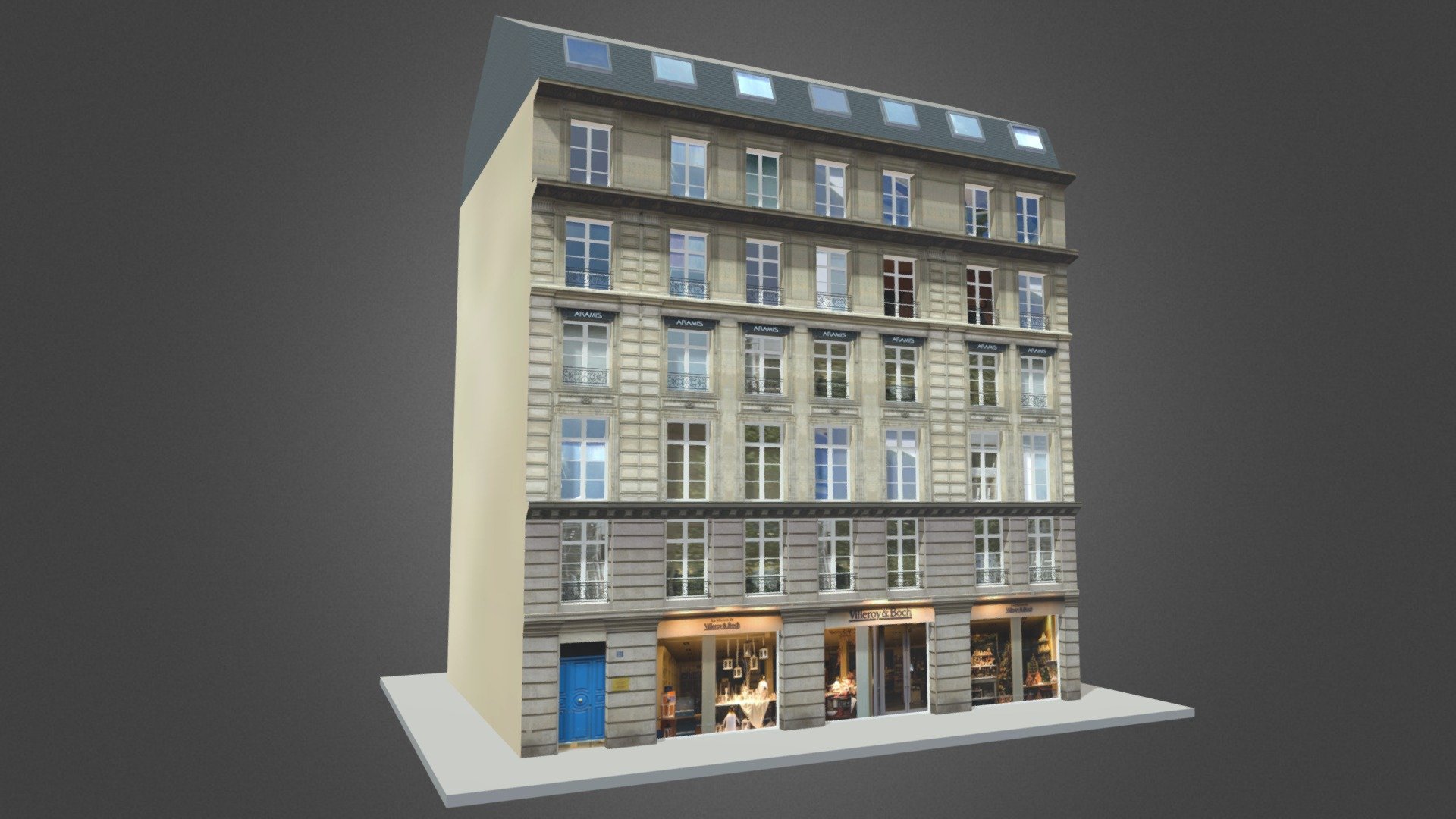 Typical Parisian Corner Building
Originally created with 3ds Max 2015 and rendered in V-Ray 3.0. Including Cinema 4D R13 Version

Total Poly Counts:
Poly Count = 68203
Vertex Count = 70783