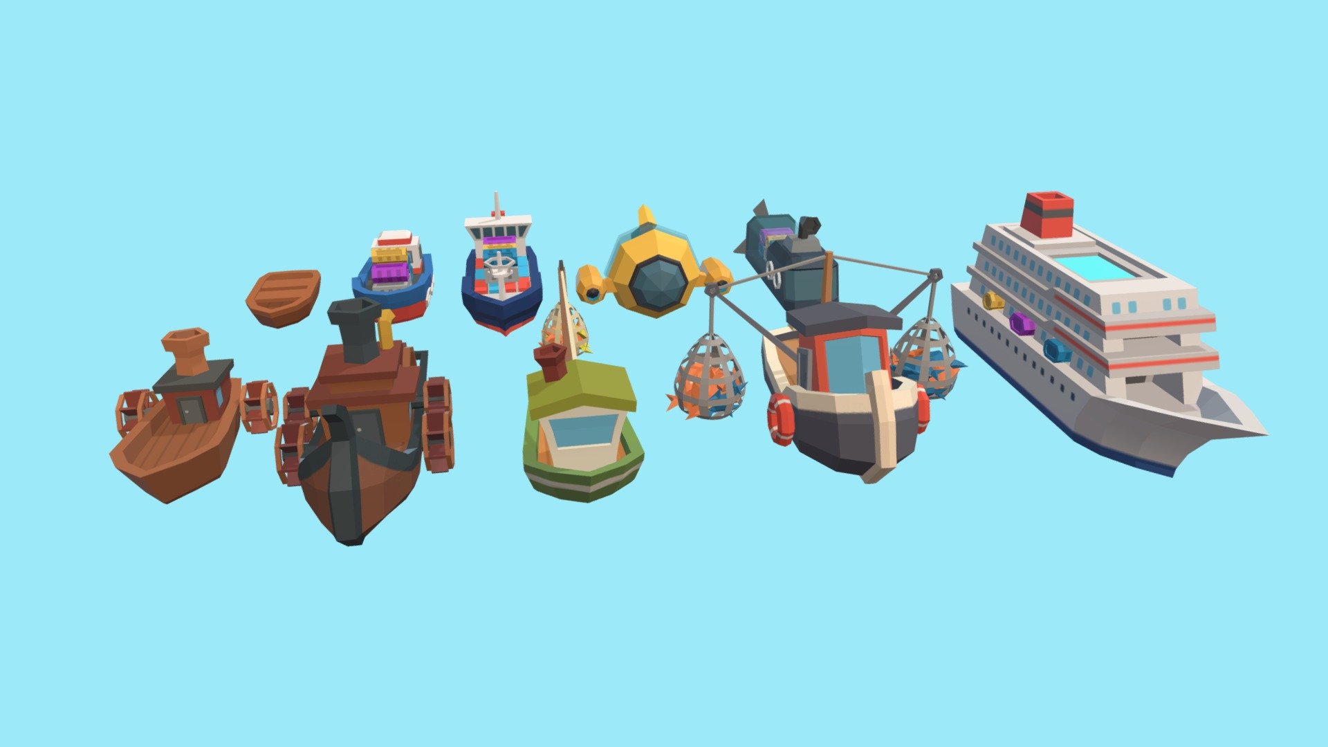 Embarking on an adventure? Pick whichever ship you fancy! We have cargo ships, submarines, steam boats, fishing boats and a cruise. 

Modelled these ships for a project. :)