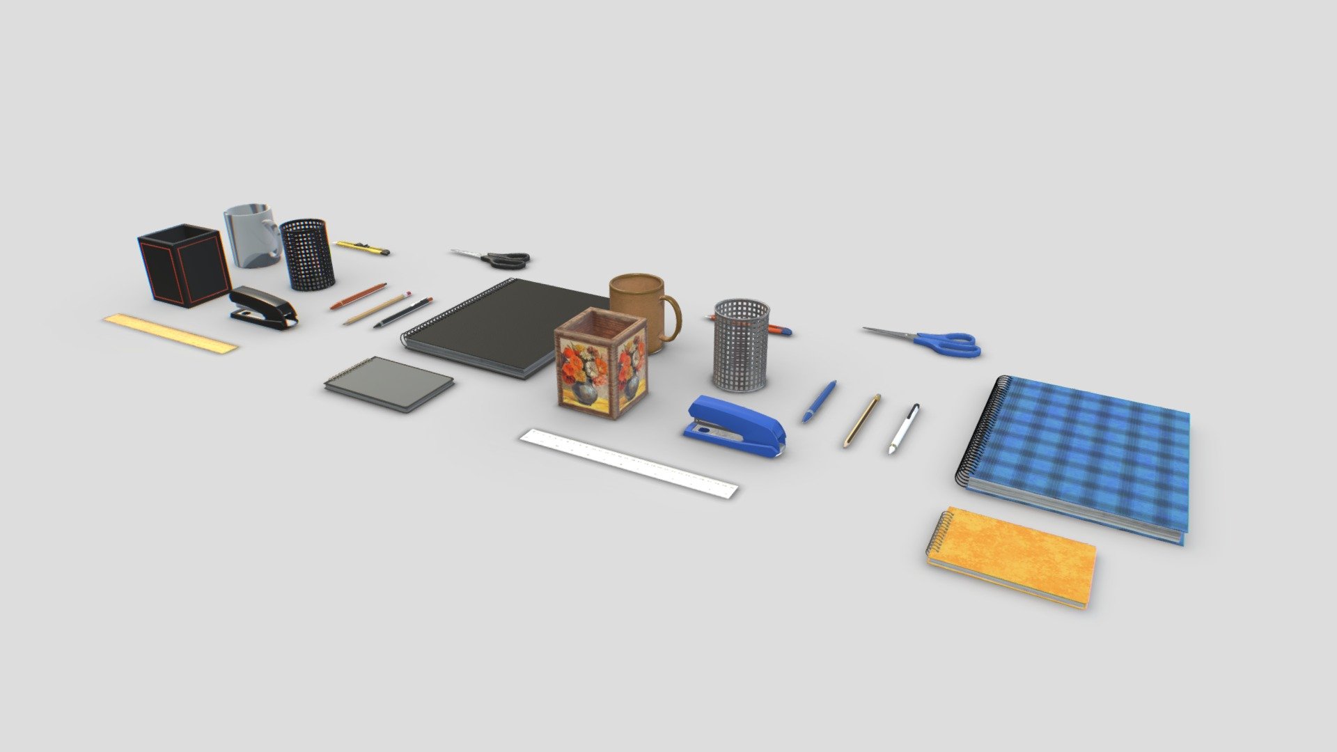 Pack of pens, notepads, pencils, scissors, stapler, ruler, pencil mugs and cutter. Realistic scale. Includes 12 different objects.

Comes with 2 texture sets for a total of 24 different objects.

1 material.

4096x PBR textures including Albedo, Normal, Metalness, Roughness and AO. Unreal ARM mask texture included (ao, rough, metal). Also unity HDRP mask included.

29k verts and 60k tris in total.

Suitable for offices, schools, studies, libraries, etc&hellip;