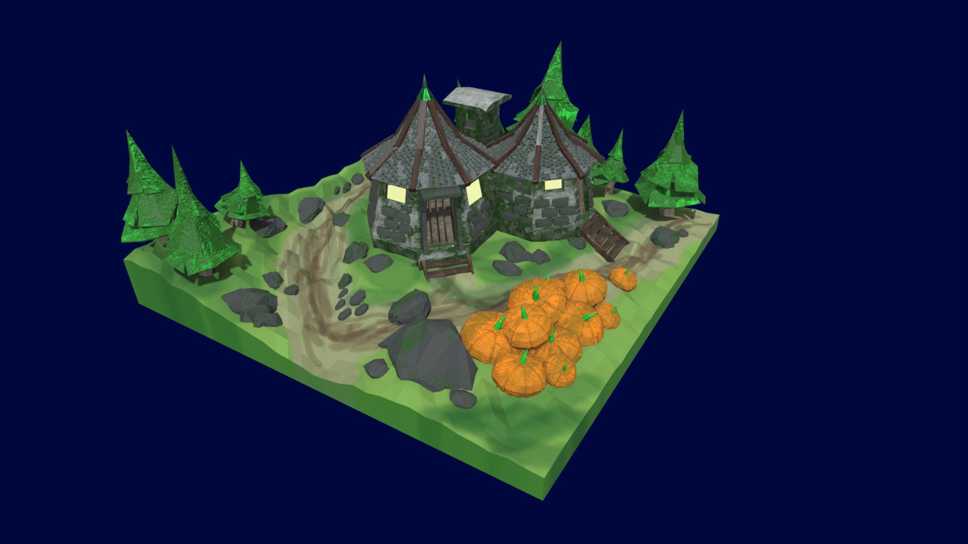 Low poly 3D diorama inspired by Hagrid’s Hut, located on the edge of the Forbidden Forest in the Harry Potter universe. The model features the hut, some surrounding pumpkins, and trees that evoke the magical atmosphere of Hogwarts' grounds.

Stylized and simplified, this piece focuses on shape and color to represent the iconic location in a minimalist way.

Made as a personal project and fan tribute.