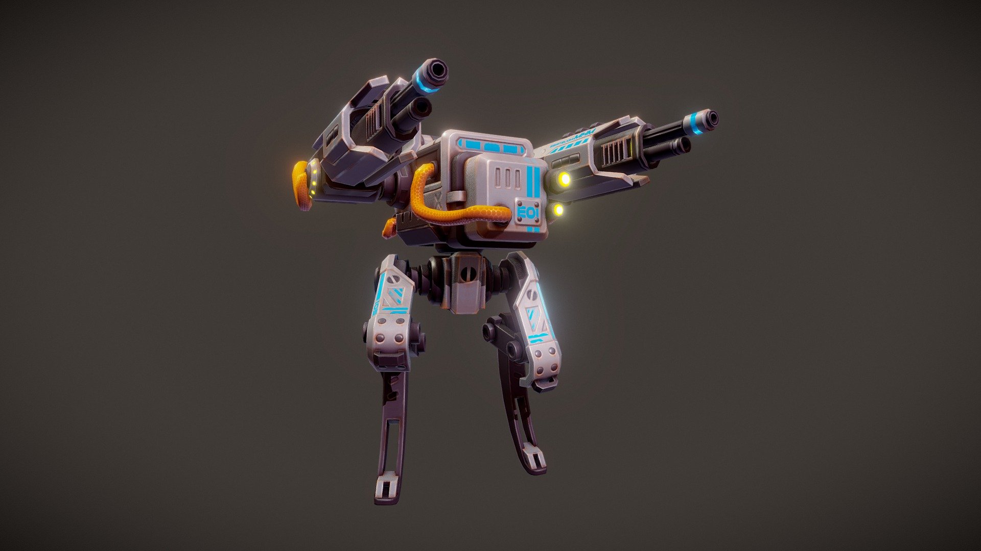 Low poly, hand painted, pbr, stylized mech.
2 materials for body and weapon (weapons can be changed).
diffuse, normal, roughness.

It was made for upcoming mobile mech game.