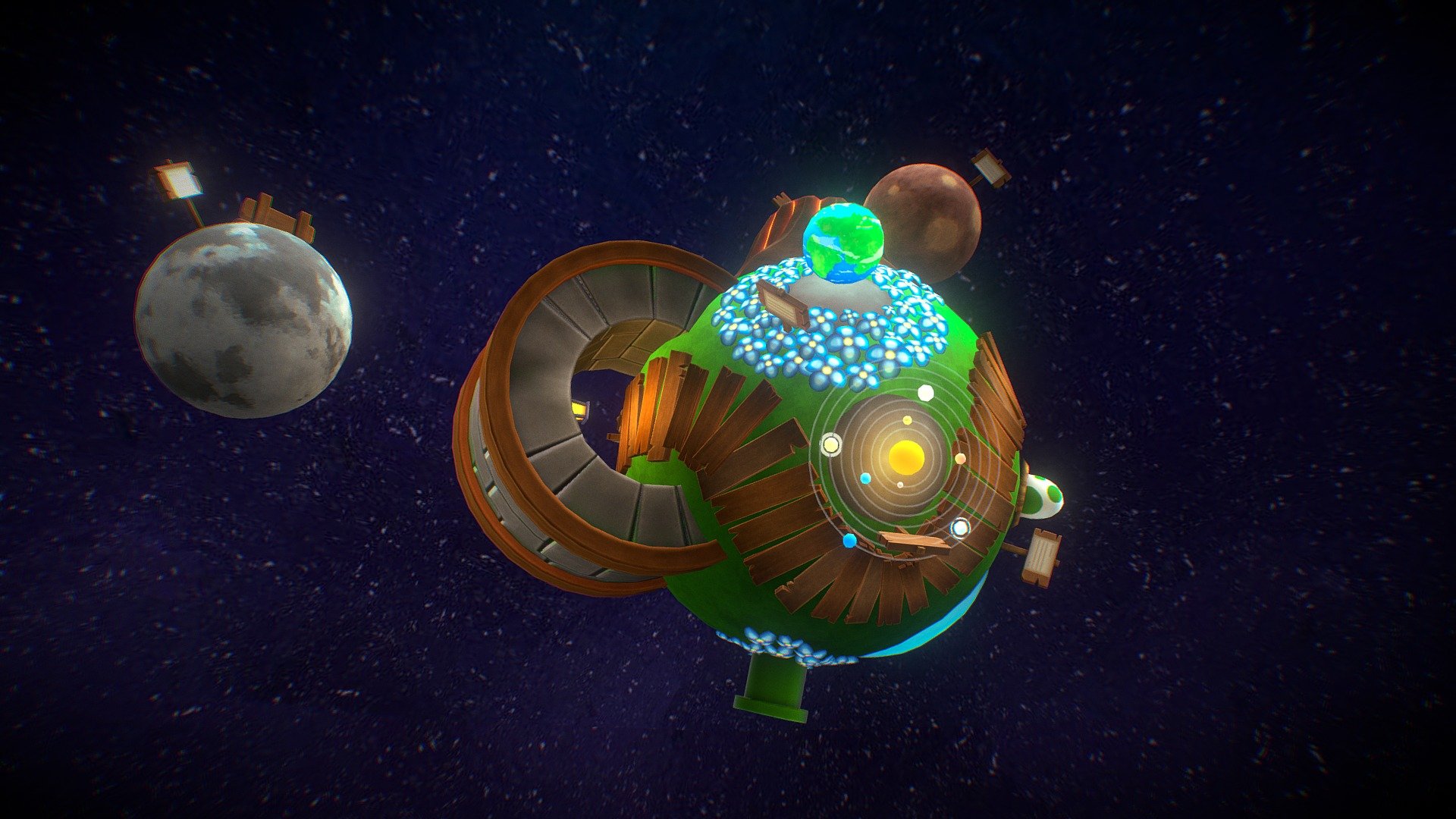 Hello there !

It's been quite a while, hope you're doing well :) . 
I made this project on my spare time during 1 week for a challenge organized by Stylized Station. 
Modelisation with Blender ( except the Volcano, made with ZBrush / Blender ) and texturing with Substance Painter. 
You can see this planet like a secondary level you could have in Super Mario Galaxy, where there's no monsters or goals but only signs explaining you some facts about the Earth. 
I hope you will like it ! :D 
Take care