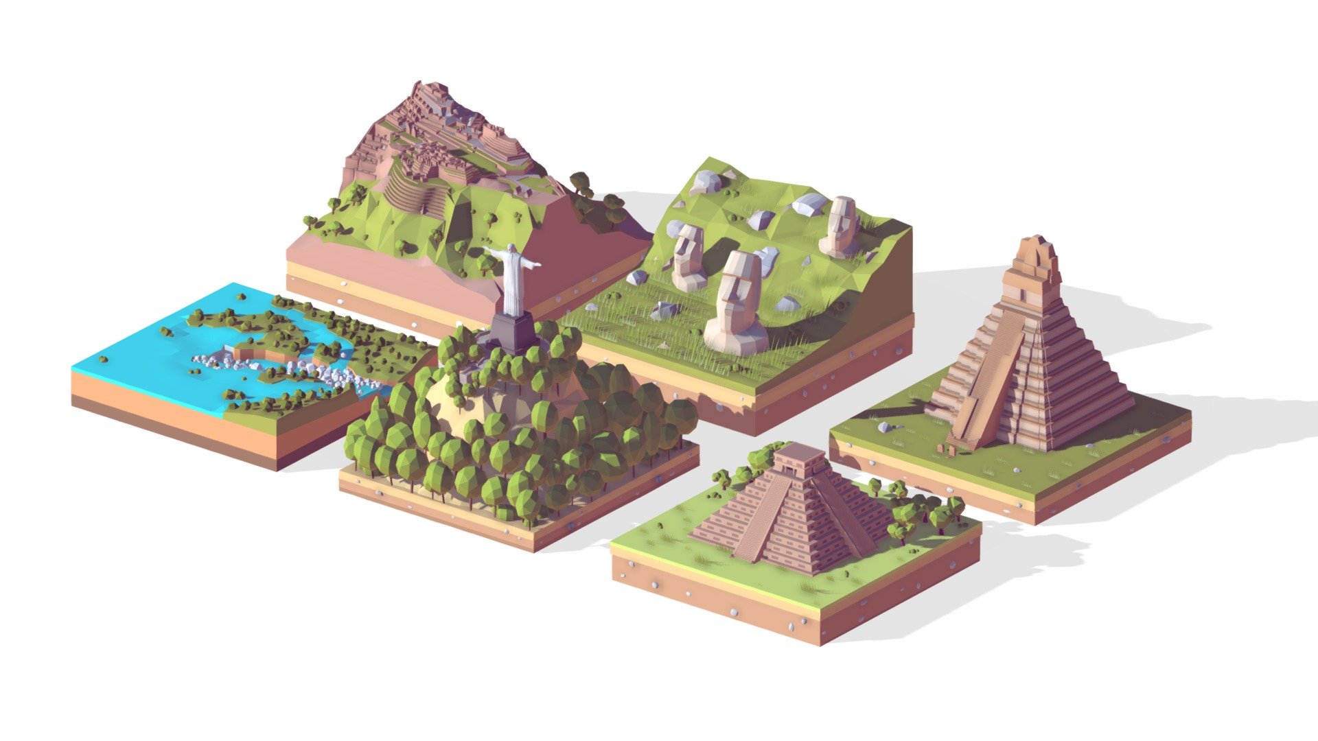 

Cartoon Low Poly South America Landmarks Pack

Created on Cinema 4d R20

67 123 Polygons

Procedural textured

Game Ready, AR Ready, VR Ready

Pack Include: Iguazu Falls, Tikal Temple, Christ Redemeer, Machu ichu, Easter Island, Chichen Itza
