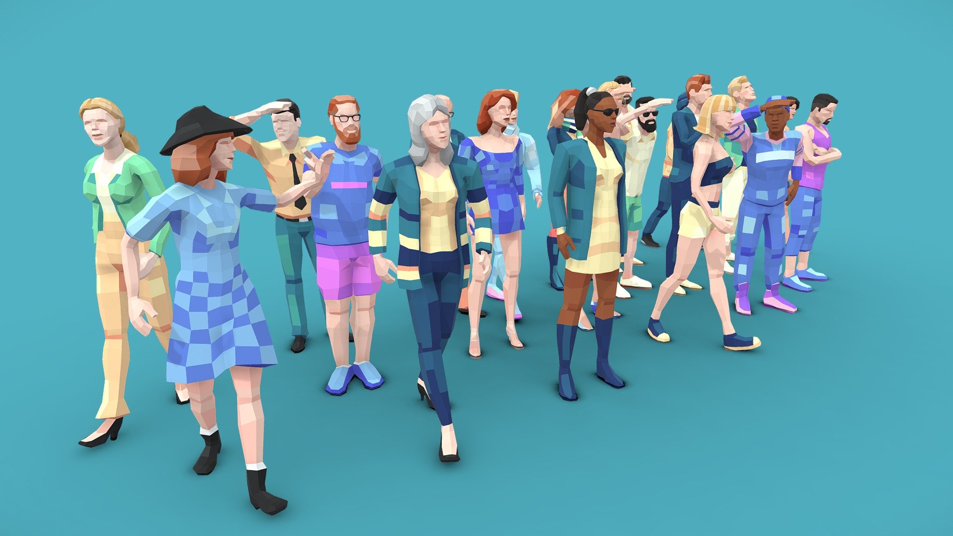 A bundle of 20 Low Poly style characters. City people to populate your downtown scenes. Suitable for explainer animations, ArchViz and especially web or mobile apps. Created with 3ds Max 2022, and Rigged using Biped + Skin. Get the additional .ZIP file for the natives as .MAX, .FBX (and Max/Fbx/Obj in T-Pose). Easy texture switching and customisation with UV  px Poly Paint Script 

UPDATE: Just added 20+ alternative textures!



This set is already part of the bigger 100-Mega-Pack, check it out!.
Learn more and get free sampels on my website.
Compatible animations here: Free Animations .BIP, .FBX .MAX
