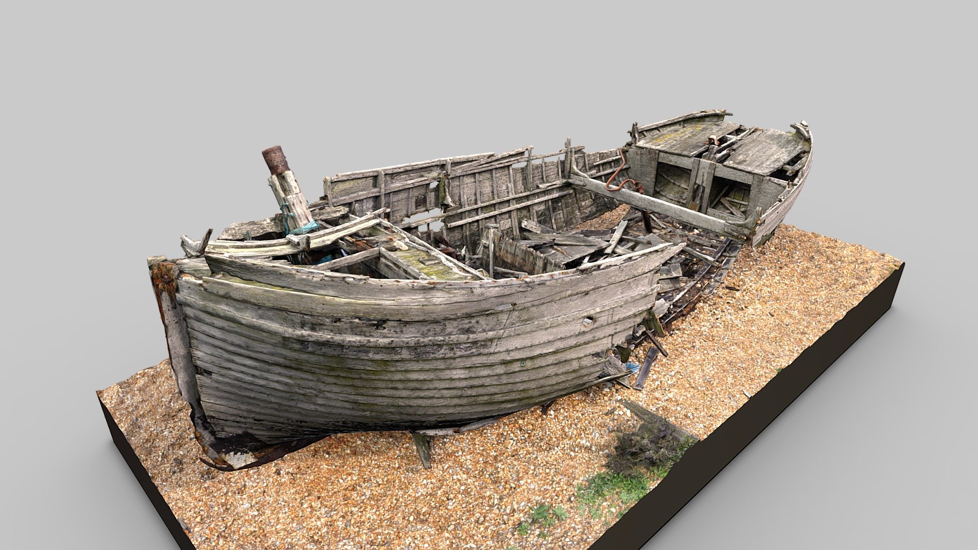 An abandoned wooden boat on Dungeness Nature Reserve, Kent, England.

382 photos taken in August 2023 with a Sony a7R III and processed in Reality Capture.

Textures: 8192 x 8192 pixels diffuse map. 8192 x 8192 pixels normal map (generated from very high resolution raw scan).