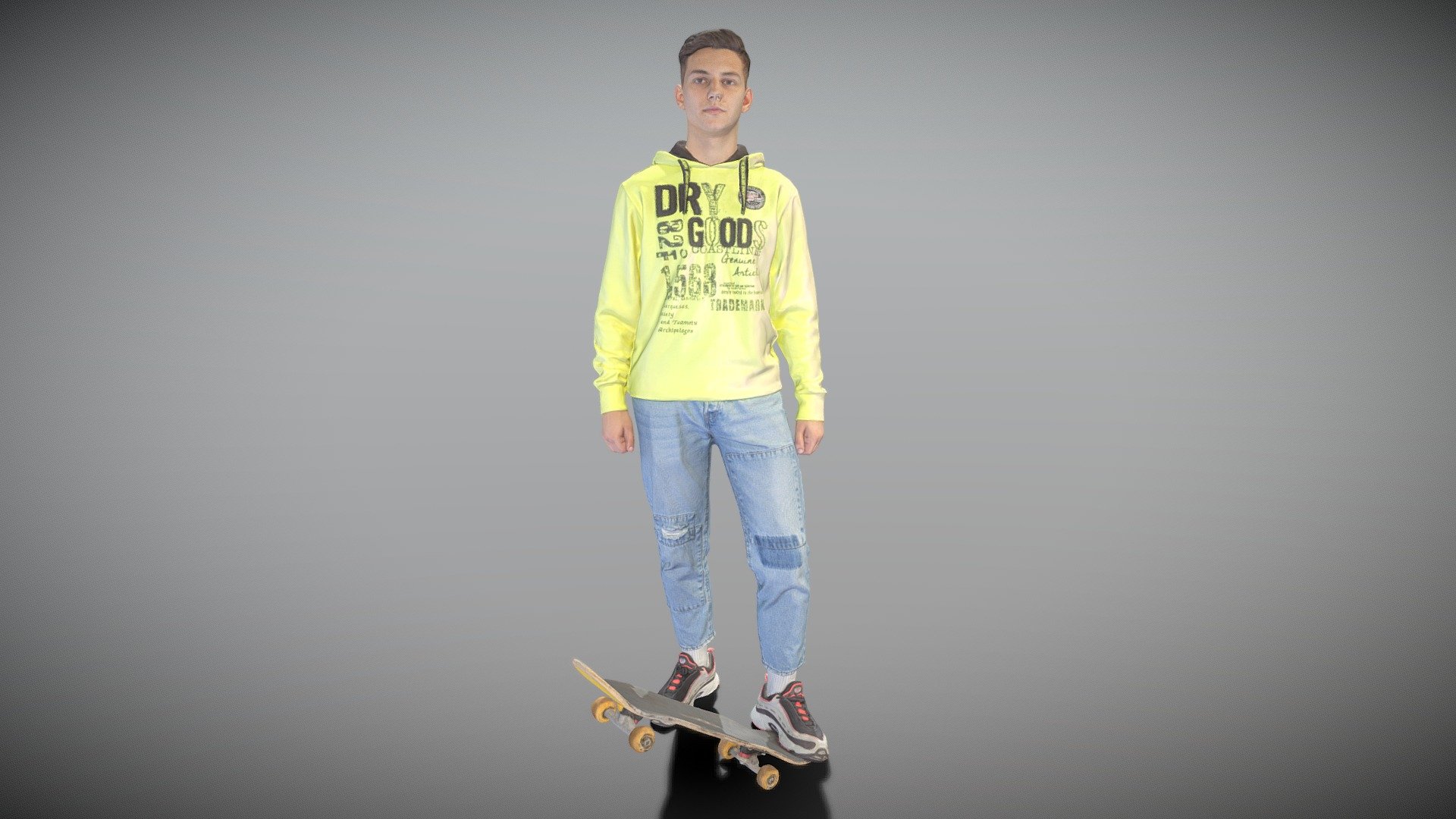 This is a true human size and detailed model of a sporty handsome young man of Caucasian appearance. The model is captured in casual pose to be perfectly matching various architectural and product visualizations, as a background or mid-sized character on a sports ground, park, beach, VR/AR content, etc.

The product is ready both for immediate use in architectural visualisations, or further render and detailed sculpting in Zbrush.

Technical characteristics:




digital double 3d scan model

decimated model (100k triangles)

sufficiently clean

PBR textures: Diffuse, Normal, Specular maps

non-overlapping UV map

Download package includes Cinema 4D project file with Redshift shader, OBJ, FBX files, which are applicable for 3ds Max, Maya, Unreal Engine, Unity, Blender, etc.

You may find some of our 3d models in free access on SketchFab https://sketchfab.com/deep3dstudio/collections/sample-basic-3d-models

New 3d models every day!
