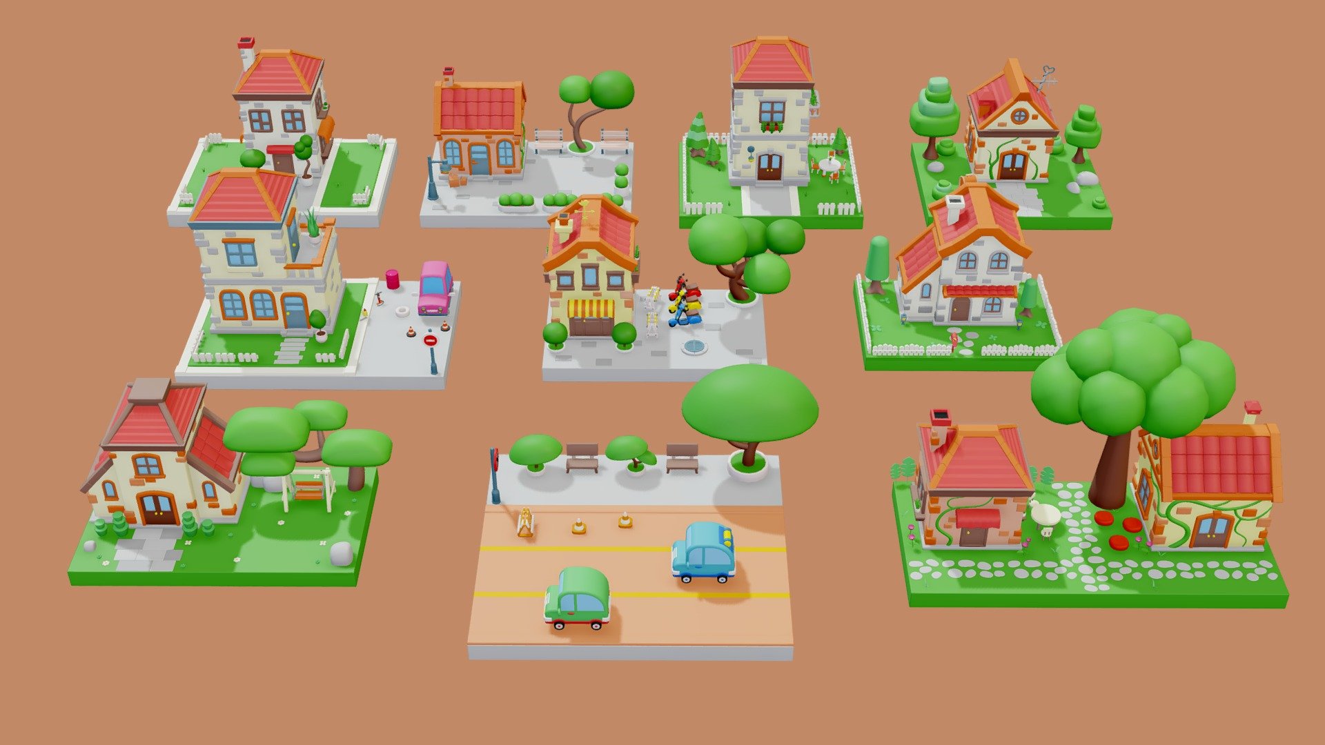 10 Islands (watch Youtube video here) + 145 assets (watch here)

One texture (2048/1024/512/256/128px) and one material are used for the whole set

281 k triangles full set (exteriors):




Buildings/ Transport (10 houses, cars, scooters)

Landscape/Vegetation (trees, paths, stones, bushes, plants, grass, paths, flowers, ground, )

Props (fences, boxes, benches, fences, barrel, sighns, lamps, trash can, tables, chairs, mailboxes, antennas, wrench, cones, tire, pump, garden swing and much more)

The pack allows you to build any Town exterior project to your liking. 10 islands included! 

Files: Unity \ Unreal Engine 5.2 package (is compatible with version UE 5.3 / 5.4) \ Blender \ fbx \ obj \ glTF

You can also buy a second pack: HERE

Feel free to download it and leave your reviews, comments and likes. This will help us create more products for you :)