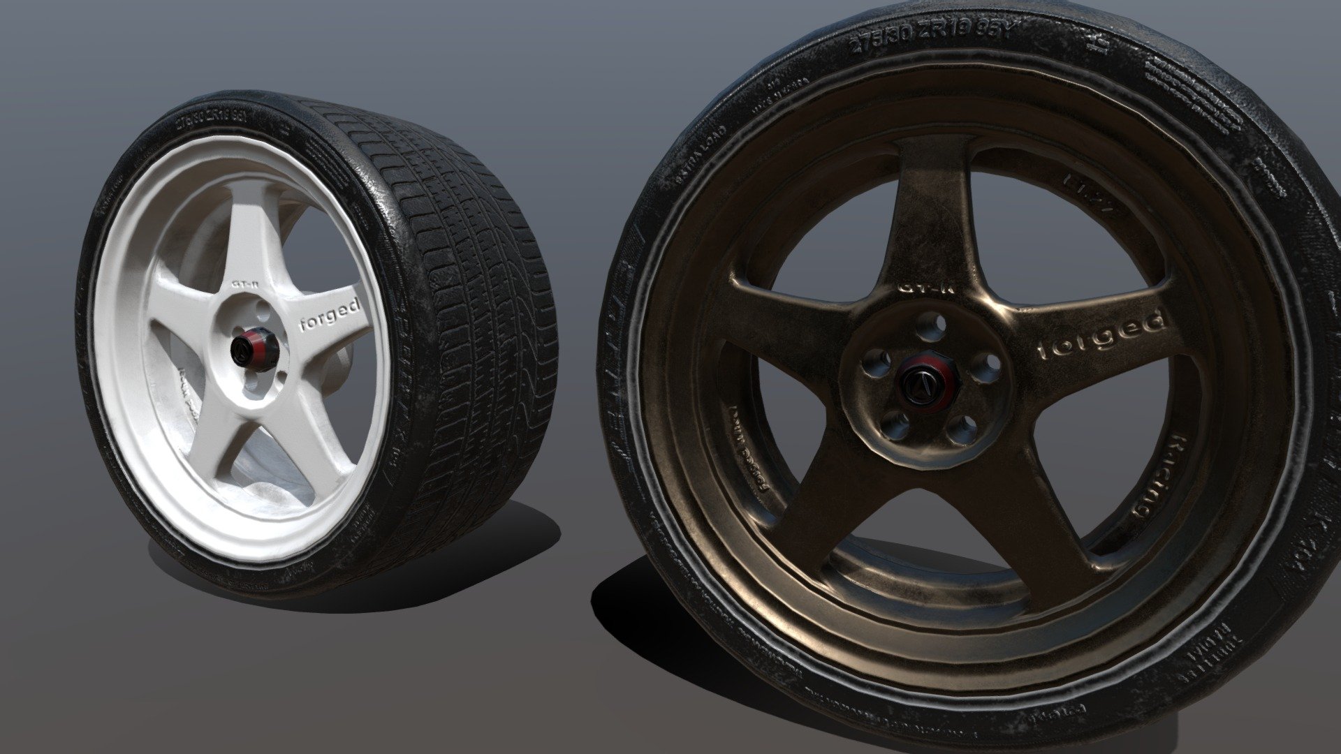 JDM wheels with two different color and material. 
Wheels and tires are in separated objetcs and materials, so you can easily customize them.

Also, feel free to add comments and feedback, I will be glad to keep improving my works!