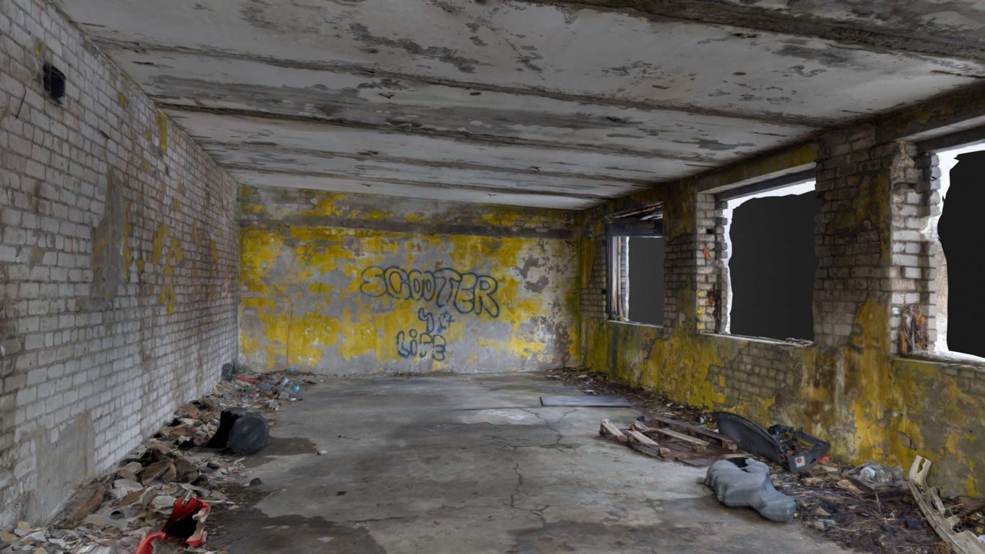3D scan of an old, abandoned room which was probably some kind of a garage.

Peeling paint, old bricks, derelict walls and floor.

With normal map.