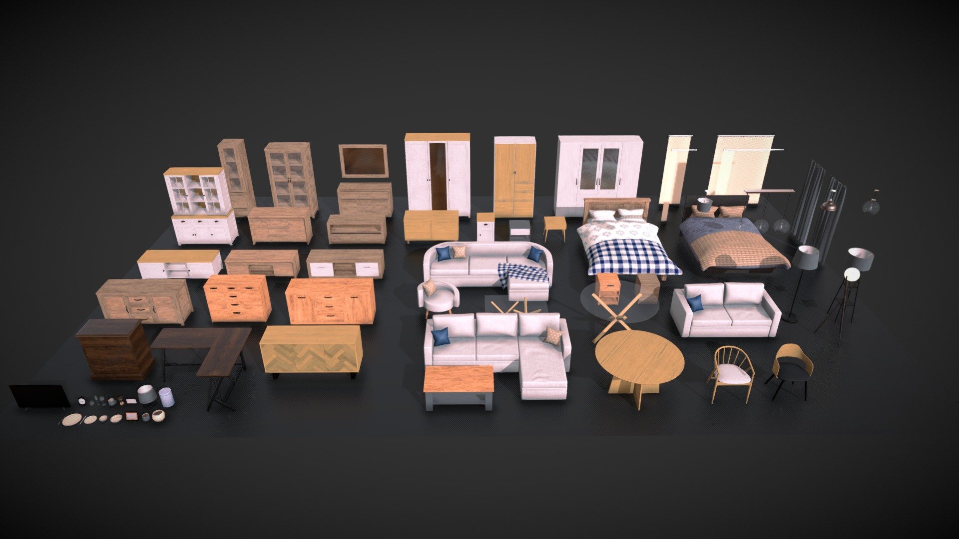 This furniture asset pack contains cupboards, wardrobes, sofas, beds, tables and more, all modelled and textured in blender all with non-overlapping UVs ready for light baking.

For Seprated Model Sets:

Living Room Furniture Set 1 - https://sketchfab.com/3d-models/living-room-furniture-set-5da1f8ab6a2f4337b6daf44d1a7efe0e

Living Room Furniture Set 2 - https://sketchfab.com/3d-models/living-room-furniture-set-3493e195044a4af4b4cb0795fc02a848

Table and Chairs Dining Set 1 - https://sketchfab.com/3d-models/table-and-chairs-dining-set-348aa60714f2453a80205853cff962da

Table and Chairs Dining Set 2 - https://sketchfab.com/3d-models/table-and-chairs-dining-set-f3e4652bd8754047810c7e7f0c12841c

Bedroom Furniture Set - https://sketchfab.com/3d-models/bedroom-furniture-set-74e480d2f5ca4cd9a57c91b0bf262a58