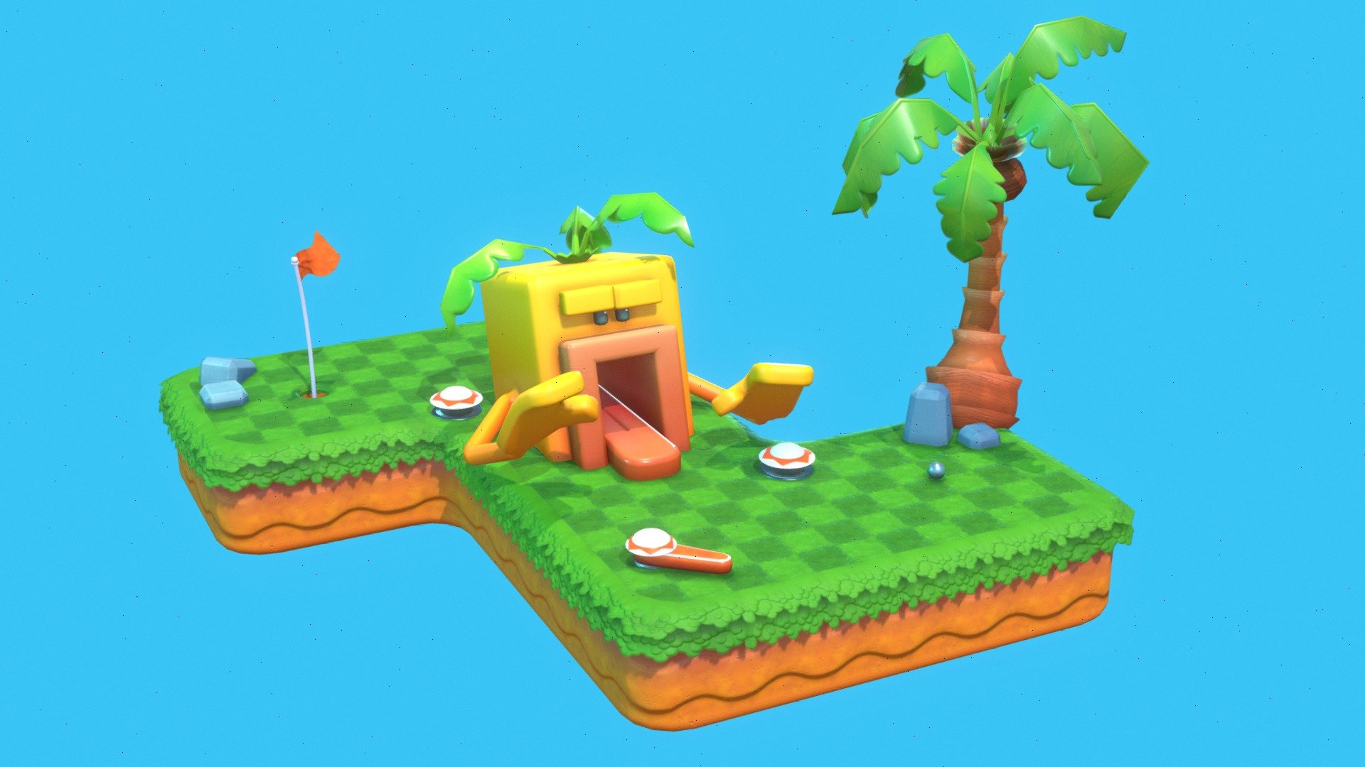 Developed as part of assginment that required to create a scene using modular assets.

The concept is largely a mock-up of a mini-golf game with pinball elements. To add onto the appeal of these pasttimes, a retro flavor inspired by Nitrome games and Sonic is heavily incoporated into the visual design of the scene, whilst keeping a stylised detailed look to it, which takes cues from Super Mario Odyssey and Kirby Return to Dreamland Deluxe.

Programs used
Maya
Substance Painter