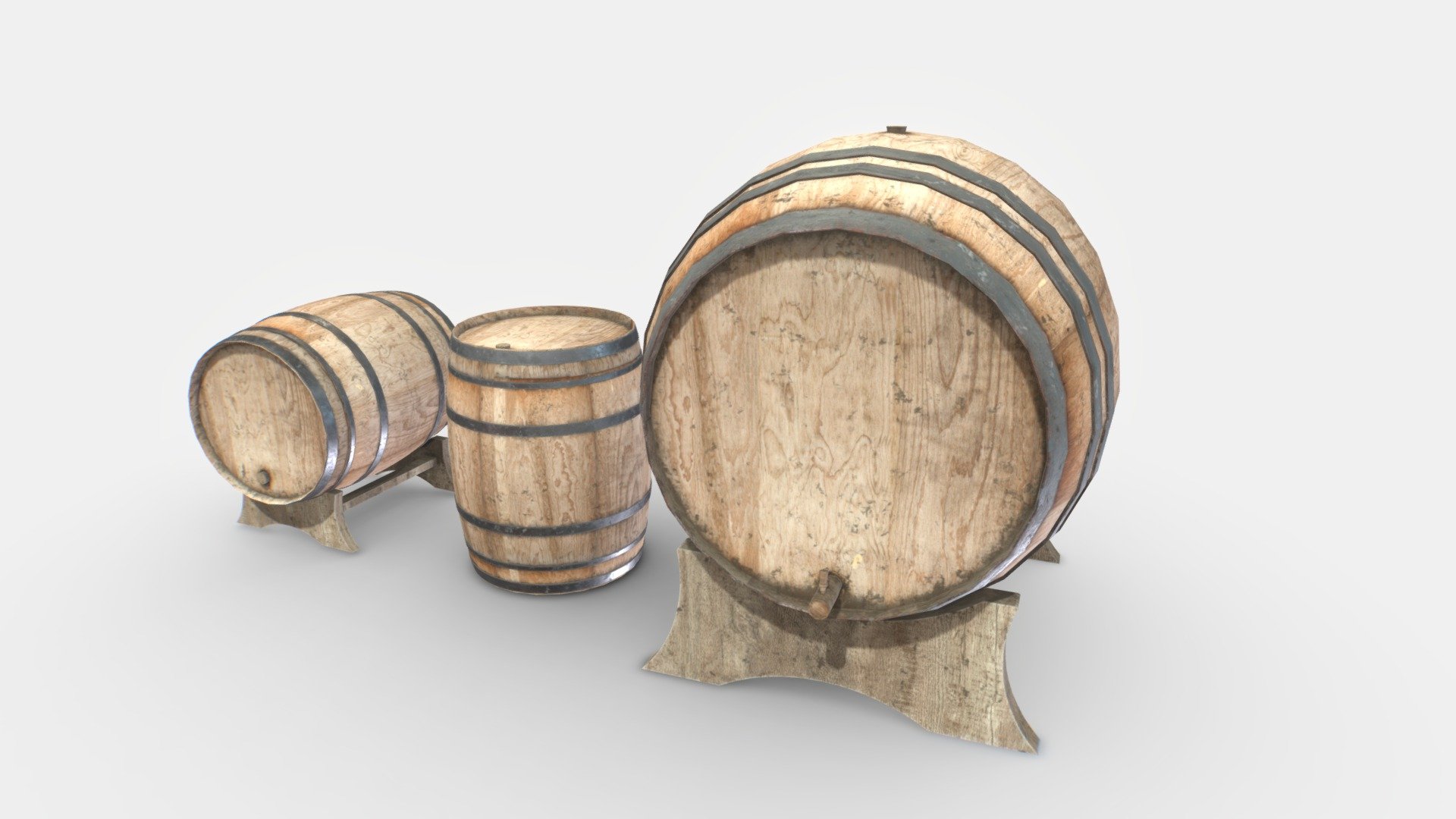 2 wooden barrels based in realistic ones and with 3 pieces, 2 barrels and 1 support.

Comes with PBR 4096pix textures including Albedo, Normal, Roughness, Metalness, AO.

2 texture sets, for big barrel/support and small barrel. TGA textures

Suitable for basements, dungeons, medieval scenes, cellars, etc..

Realistic scale.