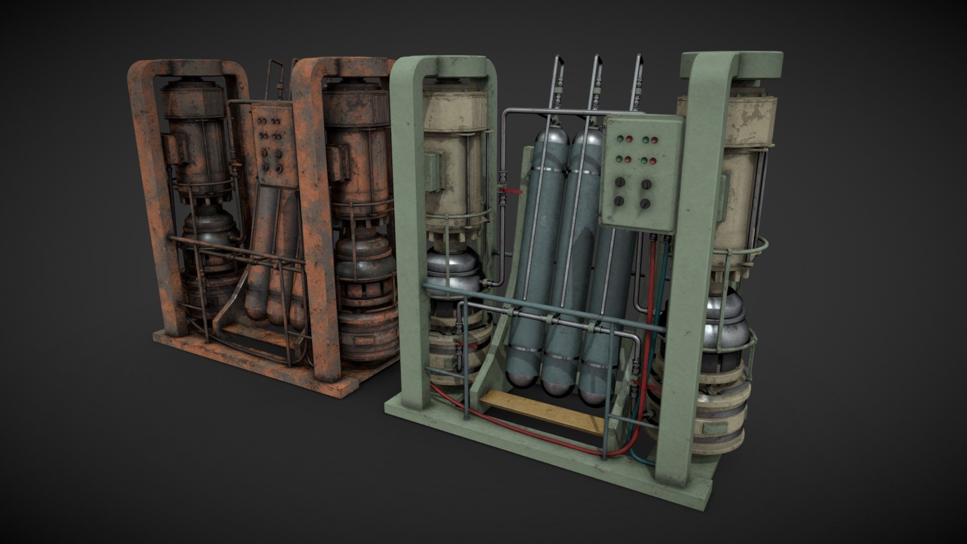 Machinery device for industrial visualizations 

4k PNG PBR textures included 

Painted and heavy rusted 

Non overlapped UVs.
