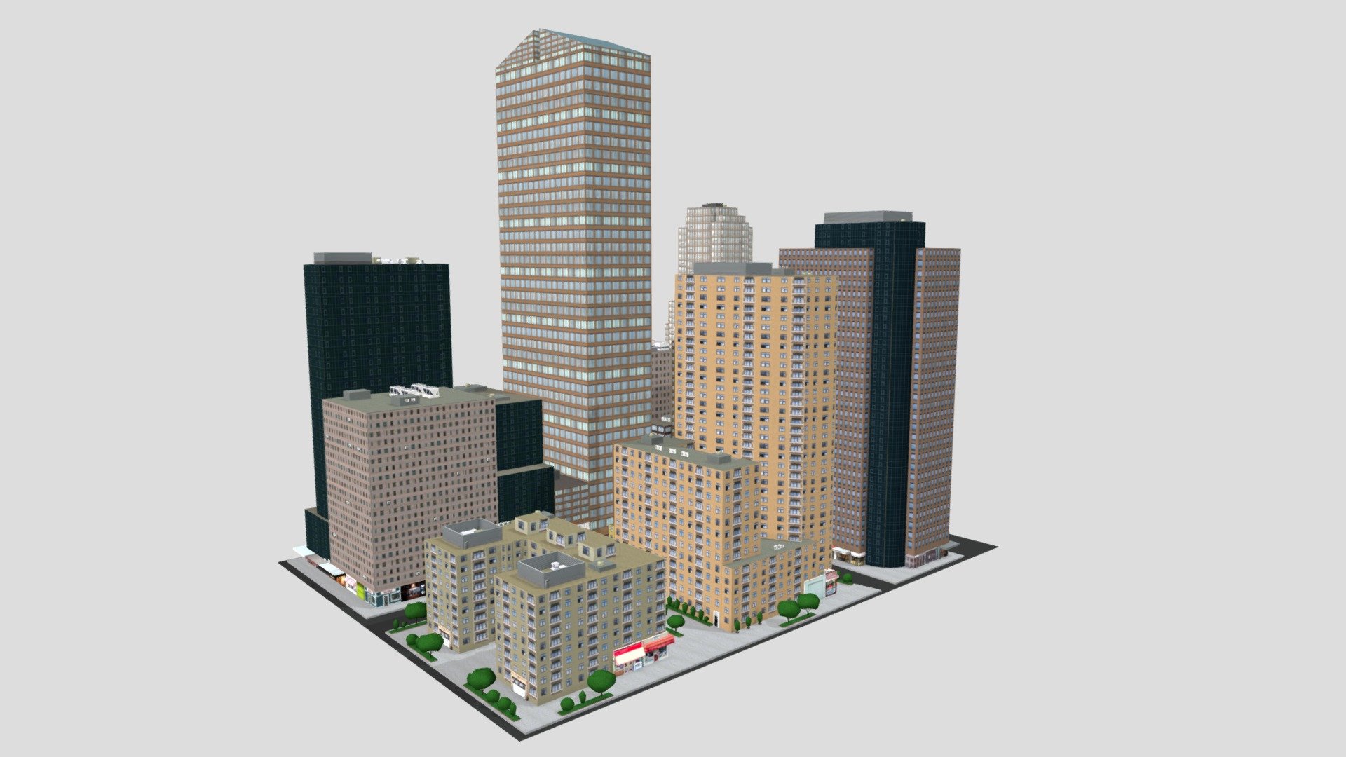 Low poly city block based on New York City ideal for game engines and VR.

Includes high-resolution color textures for Building facade, Shop-fronts, Trees, Footpath, and Roof air conditioning plant.