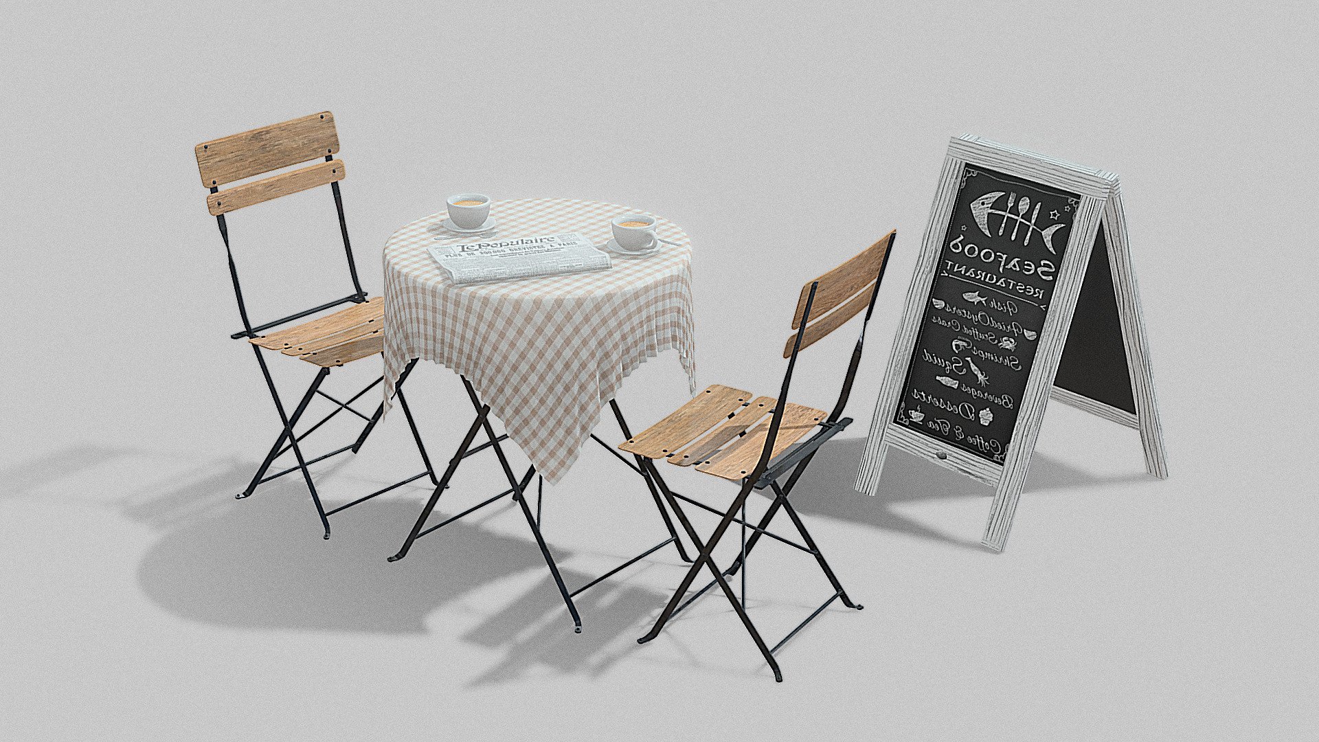 This Street cafe objects is a high end, photorealistic 3D model, that is created to help you add the realism to your project.

The model is suitable for any visual production - broadcast, high-res film close-ups, advertising, games, design visualization, forensic presentation, animated movie production, still illustration etc.

Model has real world scale, clean optimized topology. Scene contains table, chair, coffee cup, spoon, newspaper, sidewalk chalkboard menu.