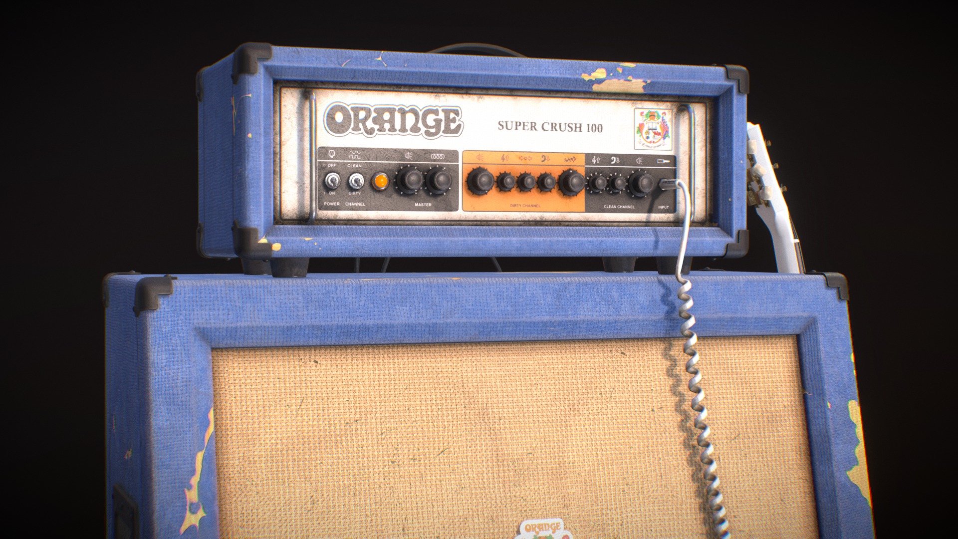 Tube amplifier and cabinet with a guitar as a bonus. Game-ready model with PBR texture. The head and the cabinet are only 14k tris. Includes 4 sets of 2k maps. Metallic/Roughness workflow.



It was quite a challenge to make this scene in less than a week while working a full-time job. Despite having to go to bed way too late every night, in order to finish it by the end of the week, I feel pretty good about the work I've done. Some might say it's an interesting color choice for a guitar amp, and I would agree. To be honest it was a complete accident. I was experimenting with different finishes when stumbled upon a deep blue plastic material in my library which later became the base for material that made it to the render stage. The original idea was to make it orange as they usually are, but every time I compared the two my heart leaned more and more towards the blue one. Se here we are. Blue Orange amp. I mean it's an Orange amp, a blue Orange amp.