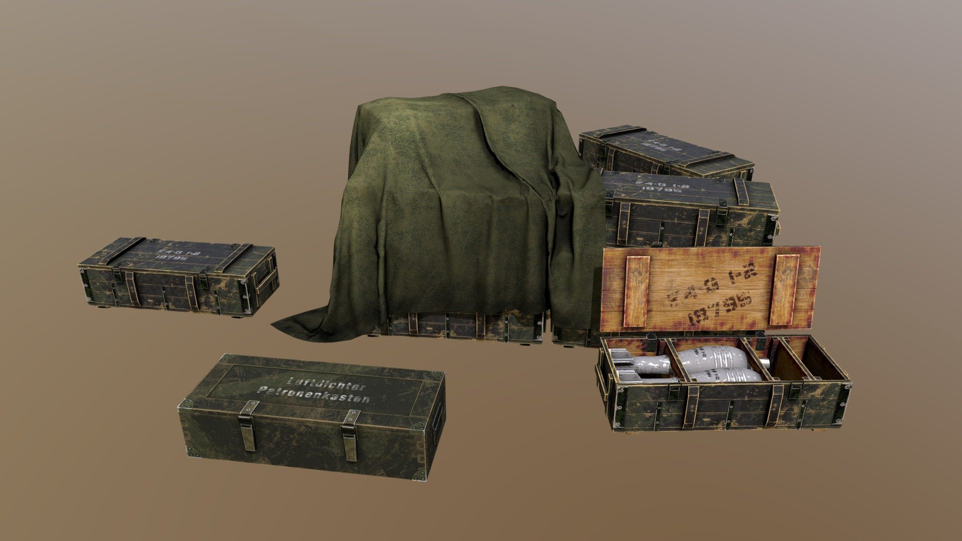 Asset has three models and has several prefabs

1.Armor_Box_Opned
PBR textures(Metallic Sheder)
PBR textures.
-Base color
-AO
-Metallic
-Roughness
-Normal
(all 2048-2048 size)
Polys: 3 314
Tris: 3 314
Verts: 1 832

2.Armor_Box_Closed
PBR textures(Metallic Sheder)
PBR textures.
-Base color
-AO
-Metallic
-Roughness
-Normal
(all 2048-2048 size)
Polys: 1 774
Tris: 1 774
Verts: 990

3.Fabric
PBR textures(Metallic Sheder)
PBR textures.
-Base color
-AO
-Metallic
-Roughness
-Normal
(all 2048-2048 size)

Polys: 4 373
Tris: 4 373
Verts: 2 267